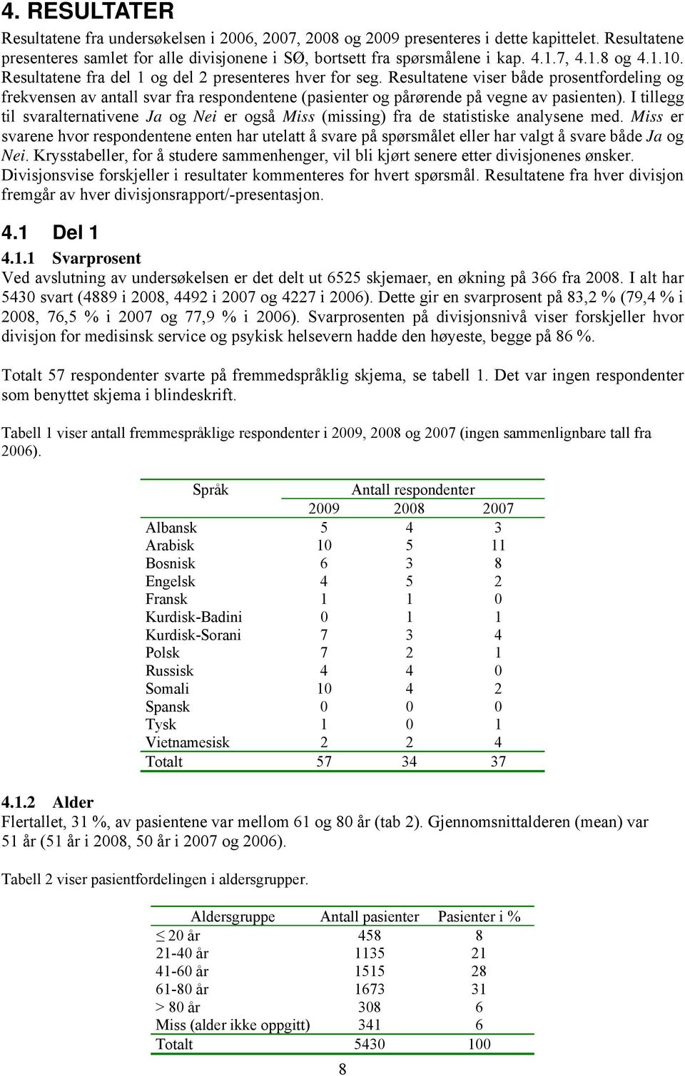 I tillegg til svaralternativene og er også Miss (missing) fra de statistiske analysene med. Miss er svarene hvor respondentene enten har utelatt å svare på spørsmålet eller har valgt å svare både og.