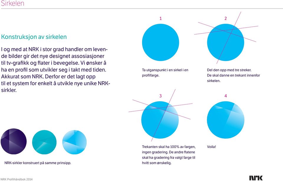 Derfor er det lagt opp til et system for enkelt å utvikle nye unike NRKsirkler. Ta utganspunkt i en sirkel i en profilfarge. 3 Del den opp med tre streker.