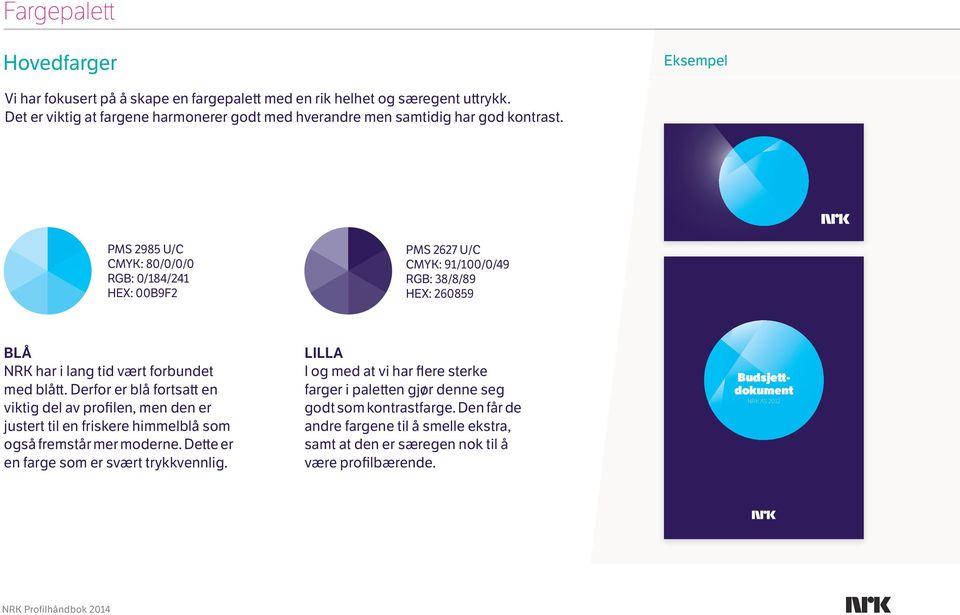 PMS 2985 U/C CMYK: 80/0/0/0 RGB: 0/184/241 HEX: 00B9F2 PMS 2627 U/C CMYK: 91/100/0/49 RGB: 38/8/89 HEX: 260859 BLÅ NRK har i lang tid vært forbundet med blått.