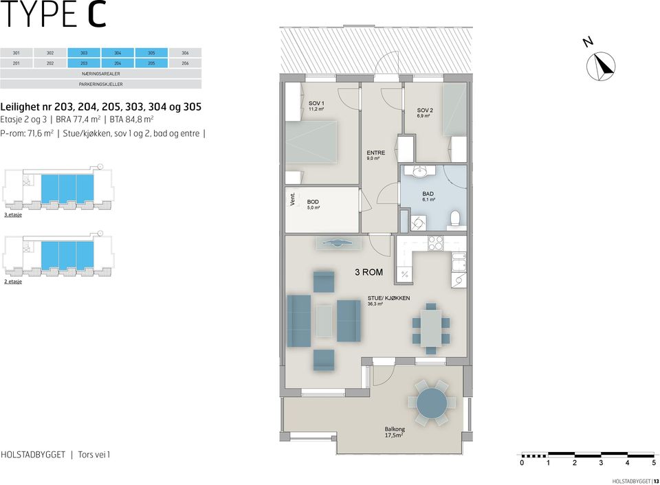 m² 6,9 m² 2 etasje P-rom: 71,6 m 2 Stue/kjøkken, sov 1 og 2, bad og entre 9,0 m² 3.