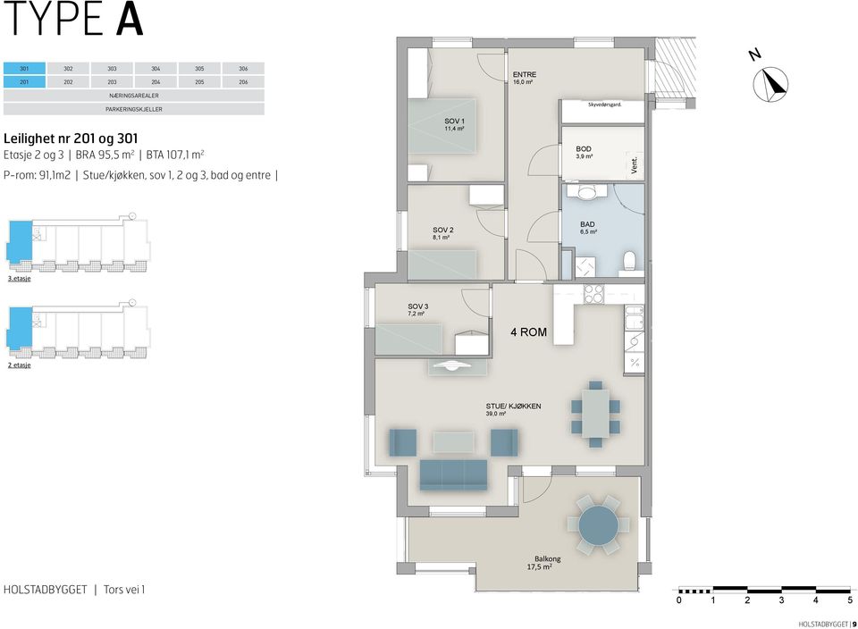 Stue/kjøkken, sov 1, 2 og 3, bad og entre 11,4 m² 8,1 m² 16,0 m² 3,9 m² Skyvedørsgard.