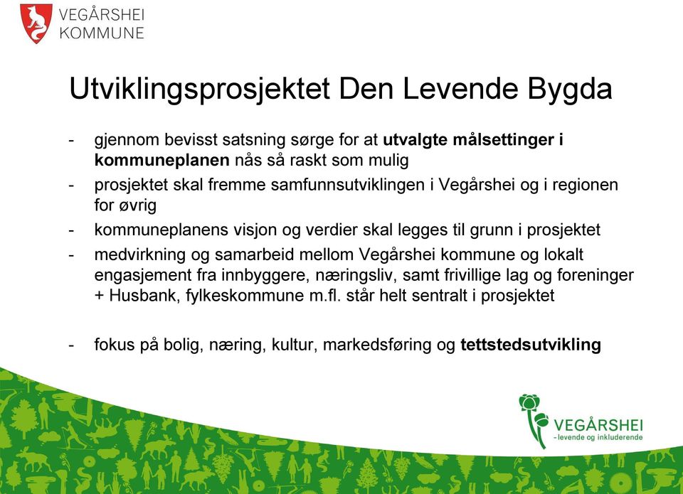 prosjektet - medvirkning og samarbeid mellom Vegårshei kommune og lokalt engasjement fra innbyggere, næringsliv, samt frivillige lag og