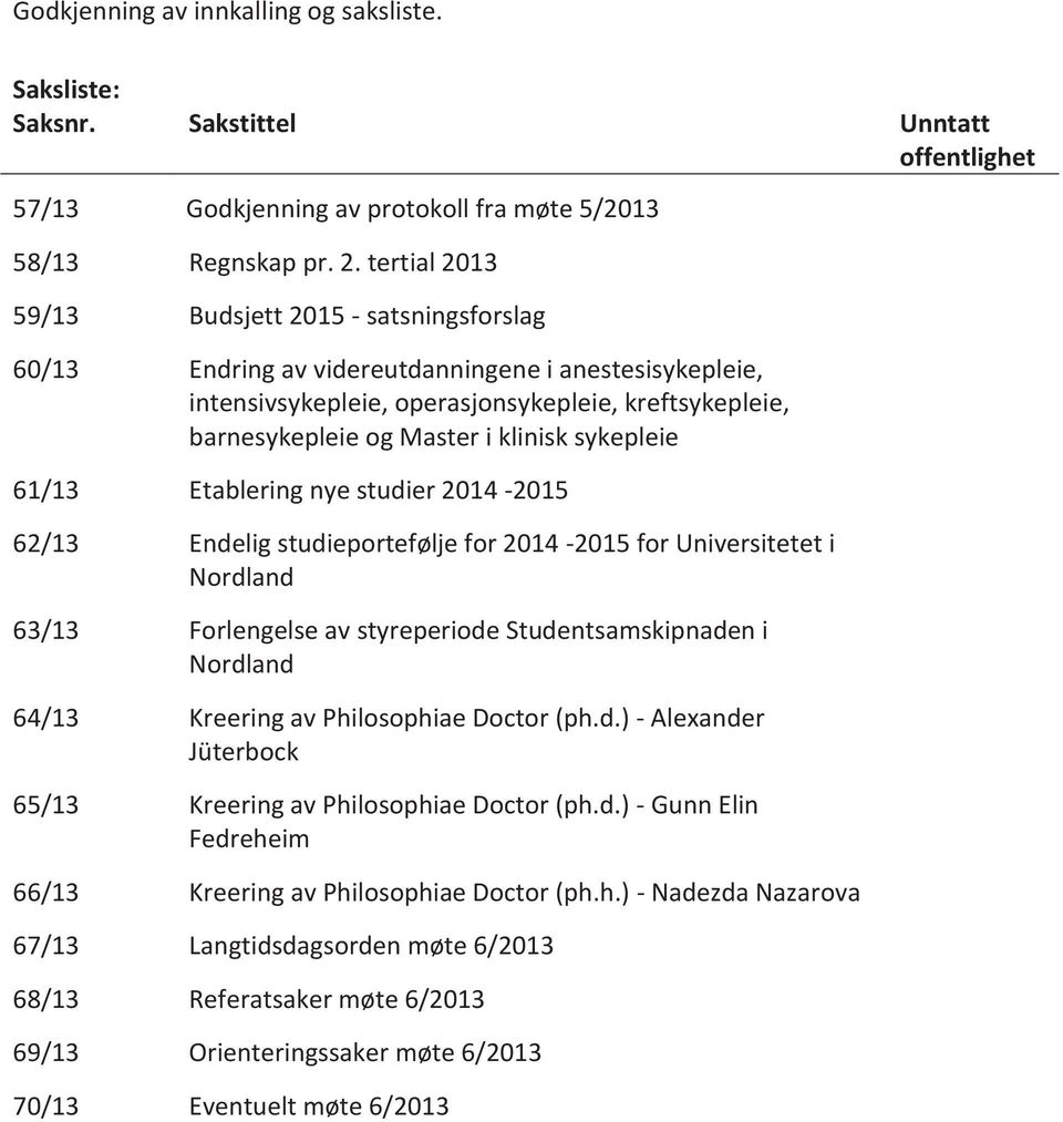 sykepleie 61/13 Etablering nye studier 2014-2015 62/13 Endelig studieportefølje for 2014-2015 for Universitetet i Nordland 63/13 Forlengelse av styreperiode Studentsamskipnaden i Nordland 64/13