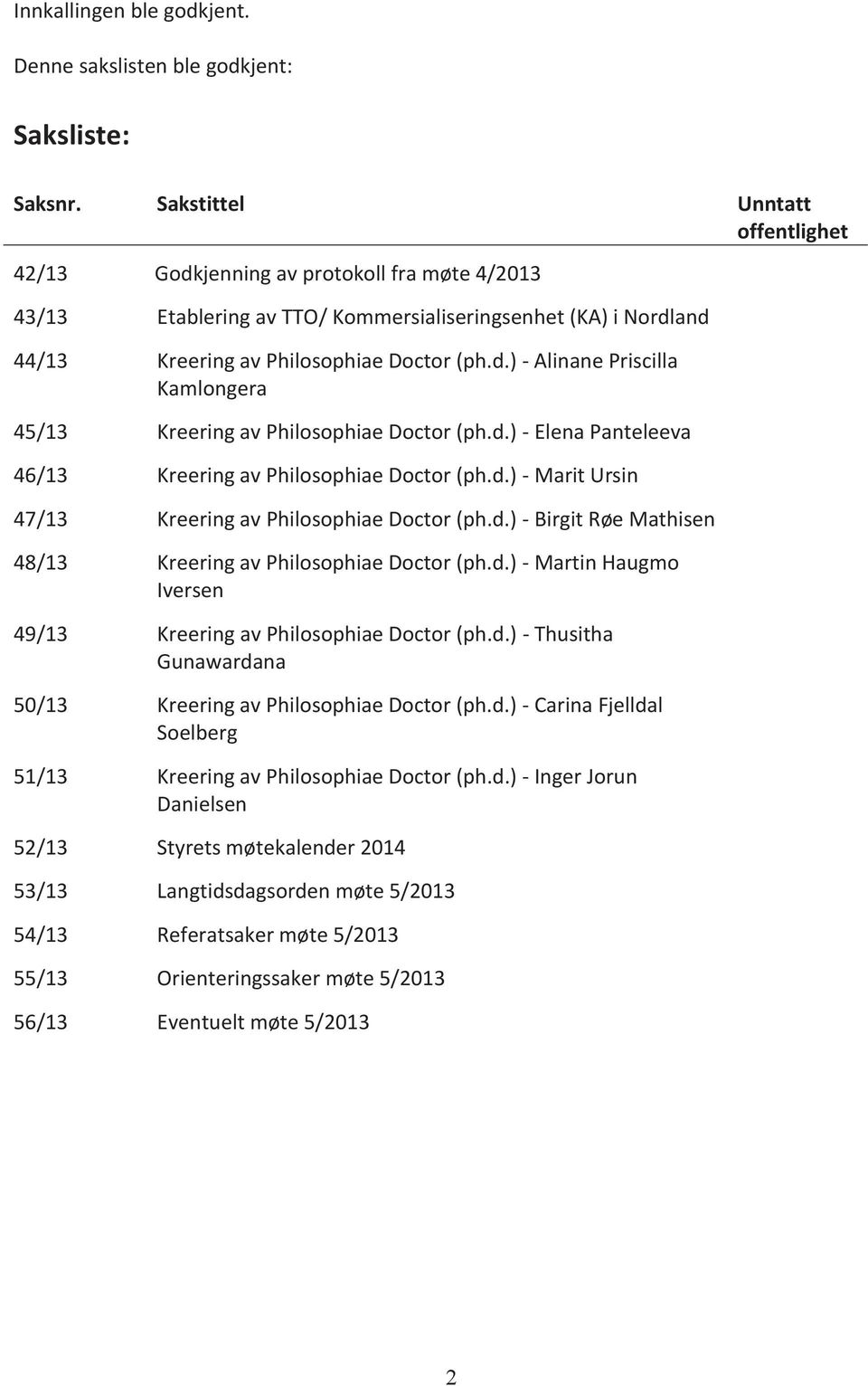 d.) - Elena Panteleeva 46/13 Kreering av Philosophiae Doctor (ph.d.) - Marit Ursin 47/13 Kreering av Philosophiae Doctor (ph.d.) - Birgit Røe Mathisen 48/13 Kreering av Philosophiae Doctor (ph.d.) - Martin Haugmo Iversen 49/13 Kreering av Philosophiae Doctor (ph.