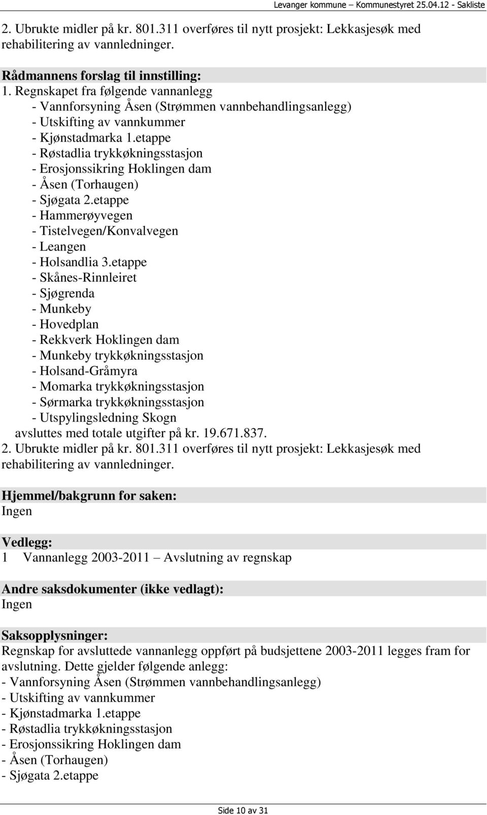 etappe - Røstadlia trykkøkningsstasjon - Erosjonssikring Hoklingen dam - Åsen (Torhaugen) - Sjøgata 2.etappe - Hammerøyvegen - Tistelvegen/Konvalvegen - Leangen - Holsandlia 3.