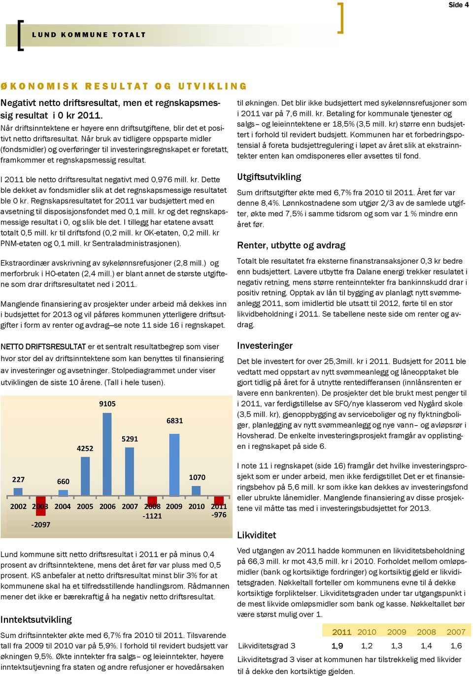 Når bruk av tidligere oppsparte midler (fondsmidler) og overføringer til investeringsregnskapet er foretatt, framkommer et regnskapsmessig resultat.