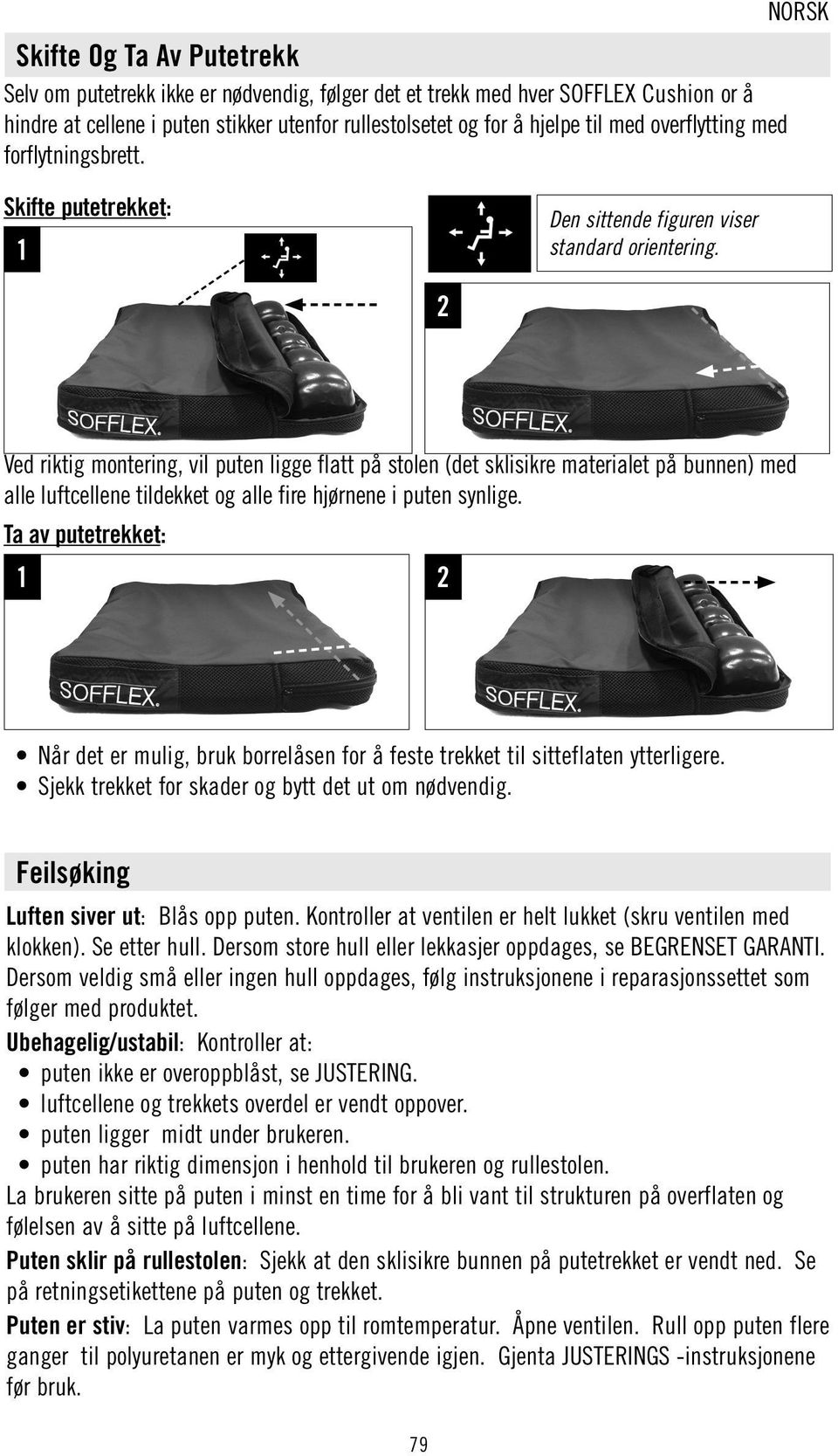 2 Ved riktig montering, vil puten ligge flatt på stolen (det sklisikre materialet på bunnen) med alle luftcellene tildekket og alle fire hjørnene i puten synlige.