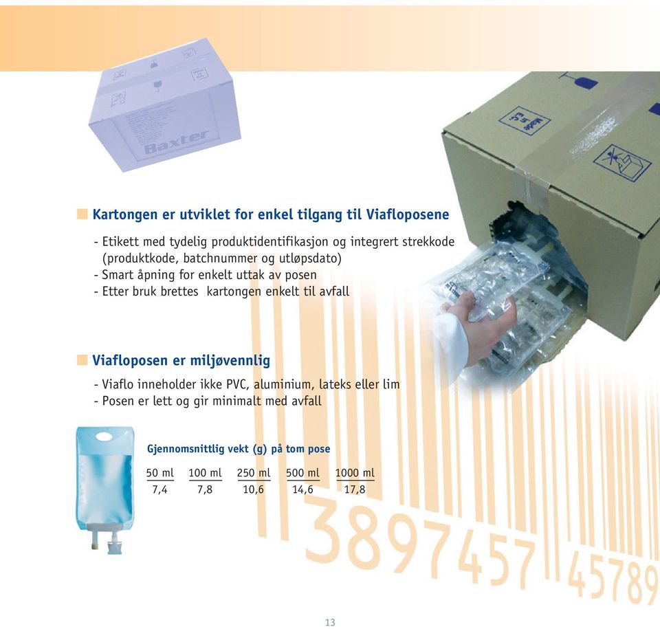 kartongen enkelt til avfall n Viafloposen er miljøvennlig - Viaflo inneholder ikke PVC, aluminium, lateks eller lim -