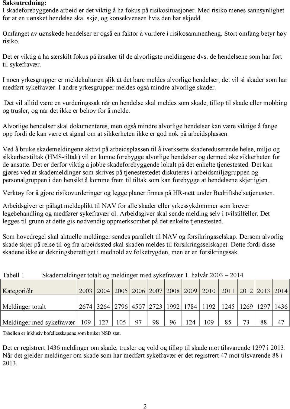 de hendelsene som har ført til sykefravær. I noen yrkesgrupper er meldekulturen slik at det bare meldes alvorlige hendelser; det vil si skader som har medført sykefravær.