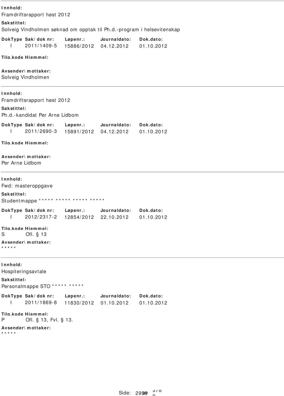 12.2012 01.10.2012 Per Arne Lidbom Fwd: masteroppgave tudentmappe 2012/2317-2 12854/2012 22.10.2012 01.10.2012 Hospiteringsavtale Personalmappe TO P 2011/186-8 11830/2012, Fvl.