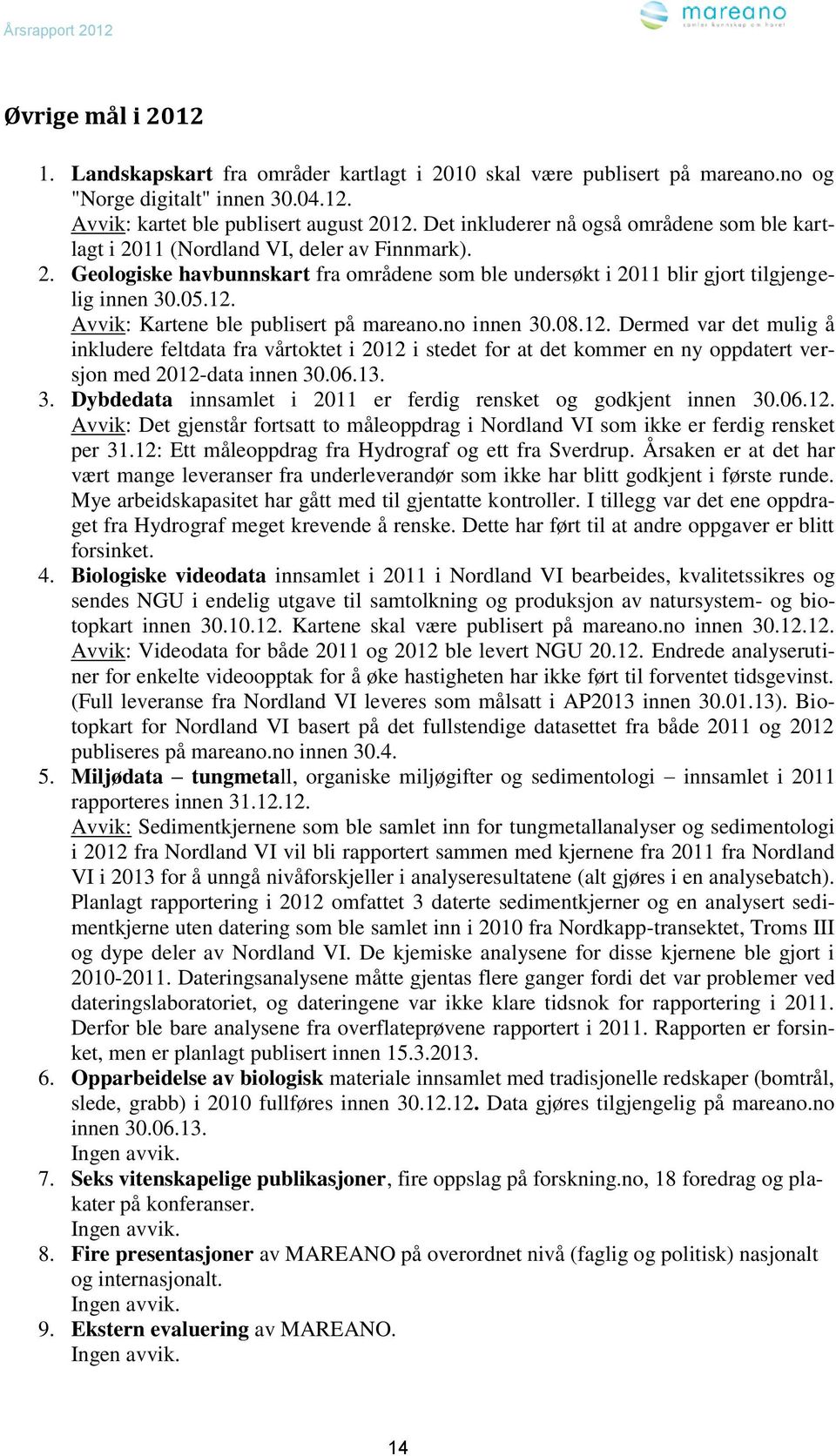 Avvik: Kartene ble publisert på mareano.no innen 30.08.12. Dermed var det mulig å inkludere feltdata fra vårtoktet i 2012 i stedet for at det kommer en ny oppdatert versjon med 2012-data innen 30.06.