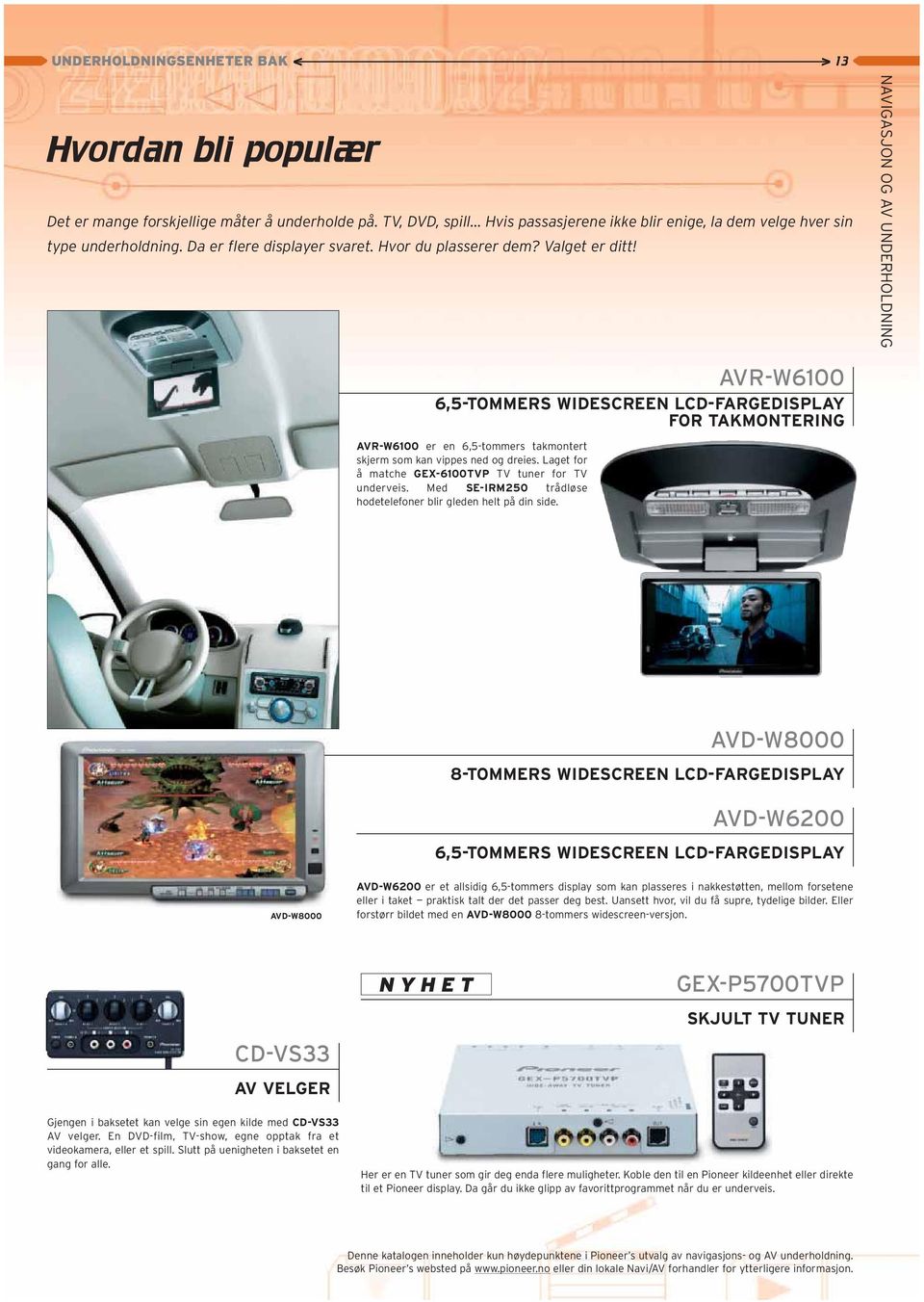 NAVIGASJON OG AV UNDERHOLDNING AVR-W6100 6,5-TOMMERS WIDESCREEN LCD-FARGEDISPLAY FOR TAKMONTERING AVR-W6100 er en 6,5-tommers takmontert skjerm som kan vippes ned og dreies.