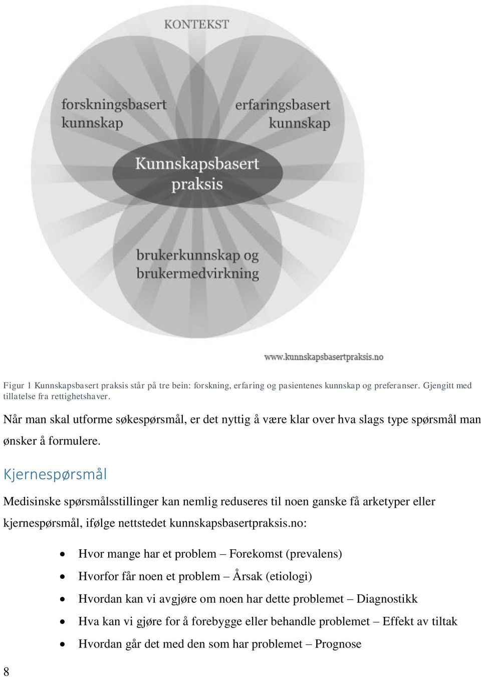 Kjernespørsmål Medisinske spørsmålsstillinger kan nemlig reduseres til noen ganske få arketyper eller kjernespørsmål, ifølge nettstedet kunnskapsbasertpraksis.