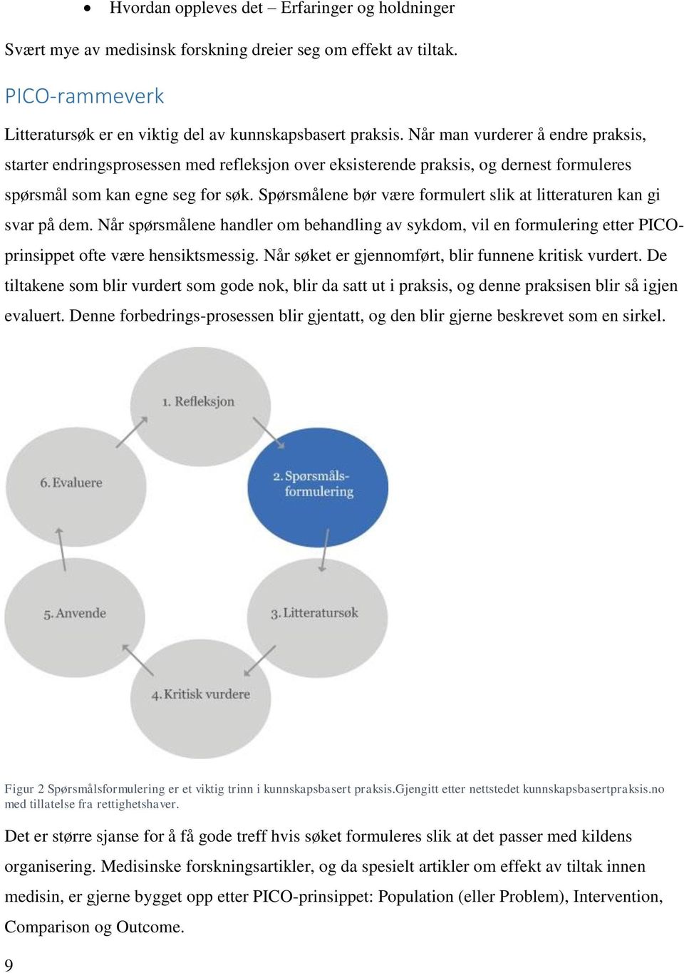 Spørsmålene bør være formulert slik at litteraturen kan gi svar på dem. Når spørsmålene handler om behandling av sykdom, vil en formulering etter PICOprinsippet ofte være hensiktsmessig.