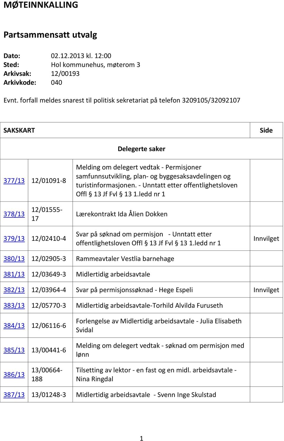 byggesaksavdelingen og turistinformasjonen. - Unntatt etter offentlighetsloven Offl 13 Jf Fvl 13 1.