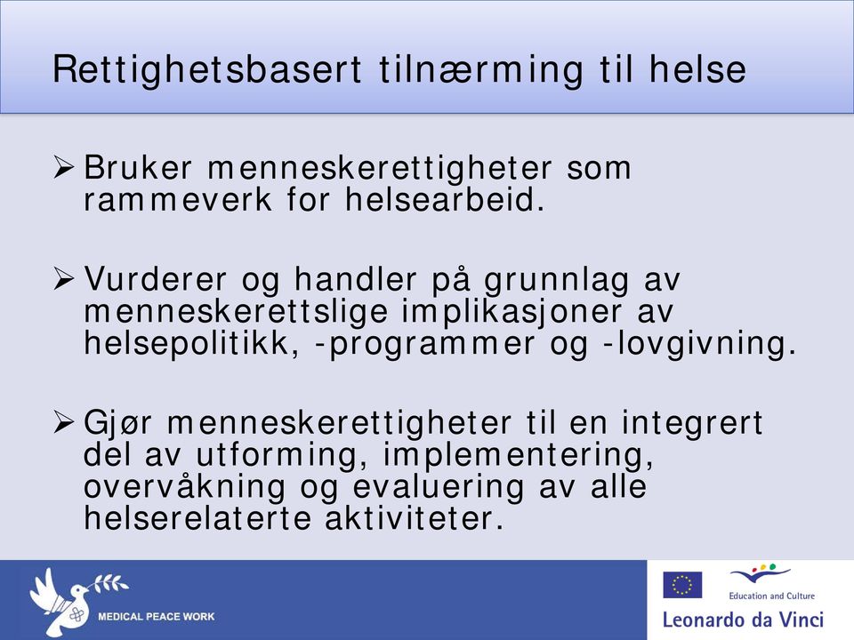 Vurderer og handler på grunnlag av menneskerettslige implikasjoner av helsepolitikk,