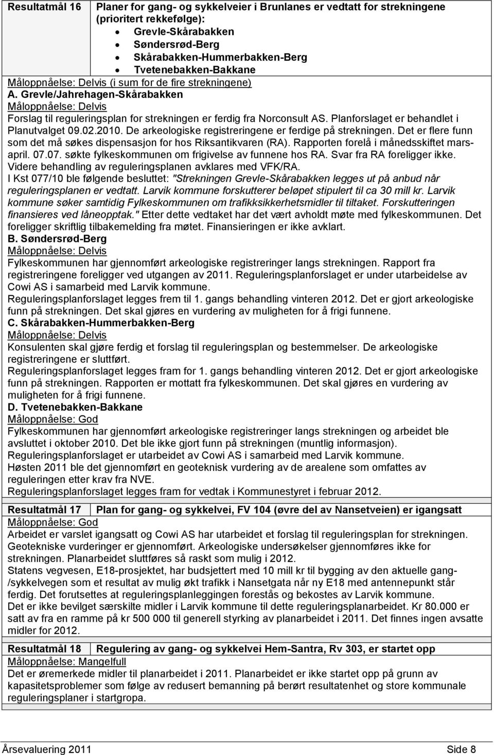 Planforslaget er behandlet i Planutvalget 09.02.2010. De arkeologiske registreringene er ferdige på strekningen. Det er flere funn som det må søkes dispensasjon for hos Riksantikvaren (RA).