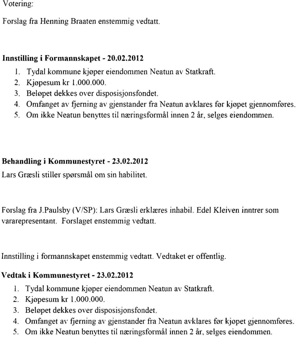 Behandling i Kommunestyret - 23.02.2012 Lars Græsli stiller spørsmål om sin habilitet. Forslag fra J.Paulsby (V/SP): Lars Græsli erklæres inhabil. Edel Kleiven inntrer som vararepresentant.