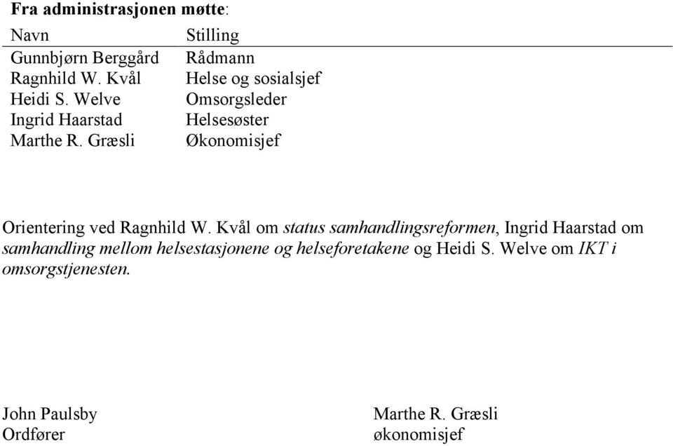 Græsli Stilling Rådmann Helse og sosialsjef Omsorgsleder Helsesøster Økonomisjef Orientering ved Ragnhild