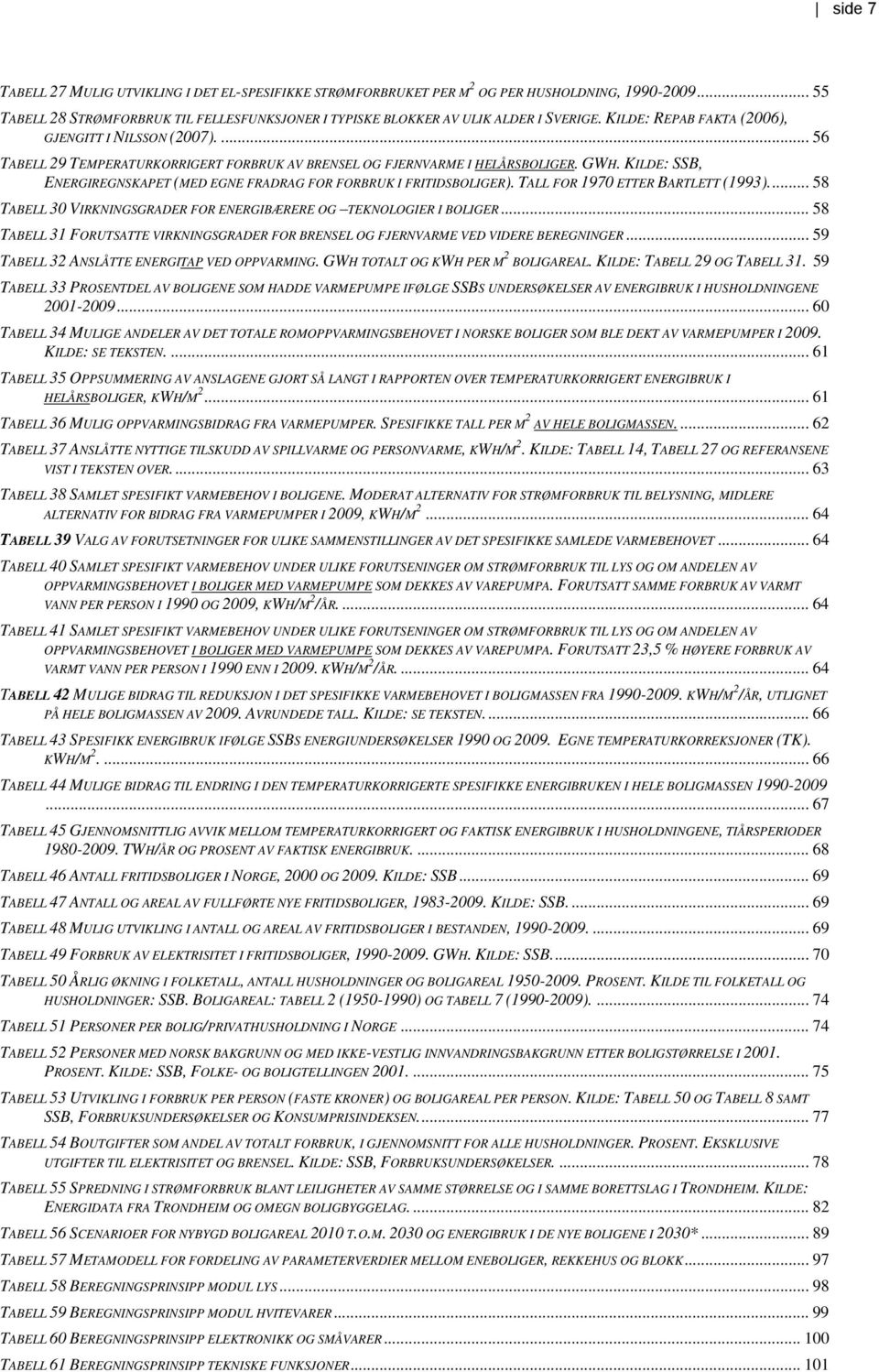 KILDE: SSB, ENERGIREGNSKAPET (MED EGNE FRADRAG FOR FORBRUK I FRITIDSBOLIGER). TALL FOR 1970 ETTER BARTLETT (1993).... 58 TABELL 30 VIRKNINGSGRADER FOR ENERGIBÆRERE OG TEKNOLOGIER I BOLIGER.