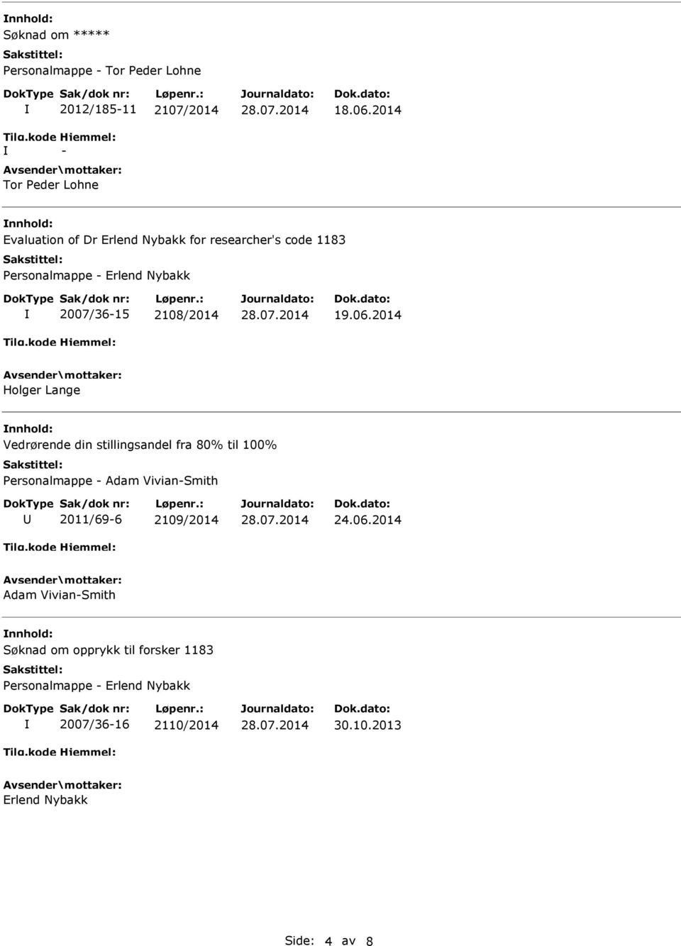 2014 Holger Lange Vedrørende din stillingsandel fra 80% til 100% Personalmappe Adam VivianSmith 2011/696 2109/2014 24.