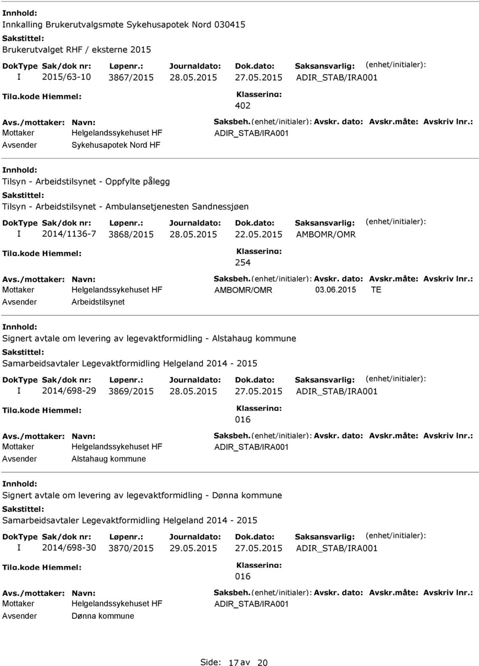 : ADR_STAB/RA001 Avsender Sykehusapotek Nord HF nnhold: Tilsyn - Arbeidstilsynet - Oppfylte pålegg Tilsyn - Arbeidstilsynet - Ambulansetjenesten Sandnessjøen 2014/1136-7 3868/2015 22.05.