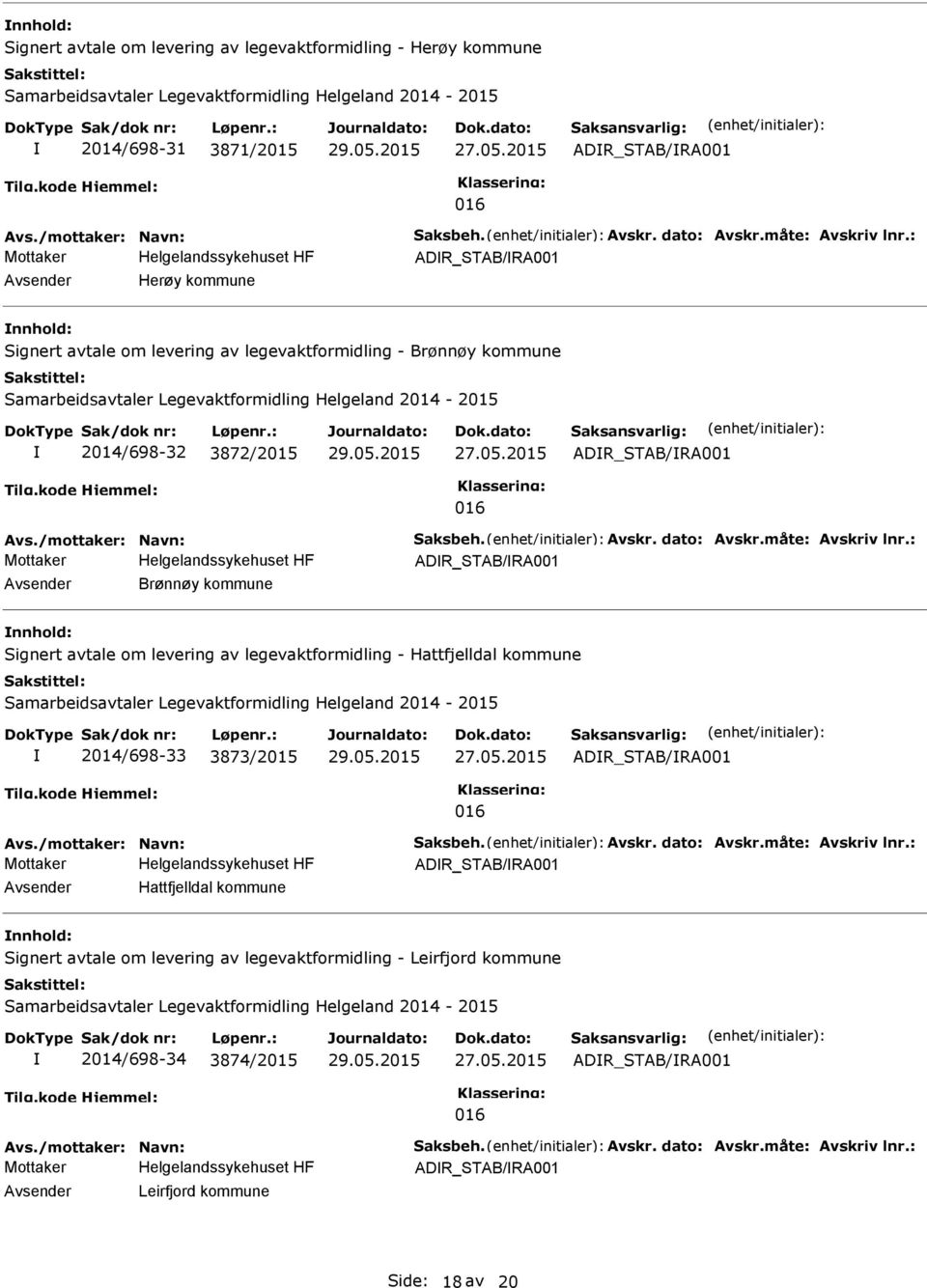 : ADR_STAB/RA001 Avsender Herøy kommune nnhold: Signert avtale om levering av legevaktformidling - Brønnøy kommune Samarbeidsavtaler Legevaktformidling Helgeland 2014-2015 2014/698-32 3872/2015 29.05.