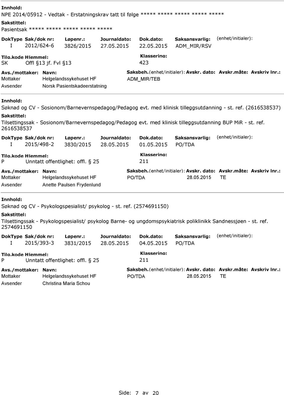 med klinisk tilleggsutdanning - st. ref. () Tilsettingssak - Sosionom/Barnevernspedagog/edagog evt. med klinisk tilleggsutdanning B MiR - st. ref. 2015/498-2 3830/2015 01.05.2015 Avs.