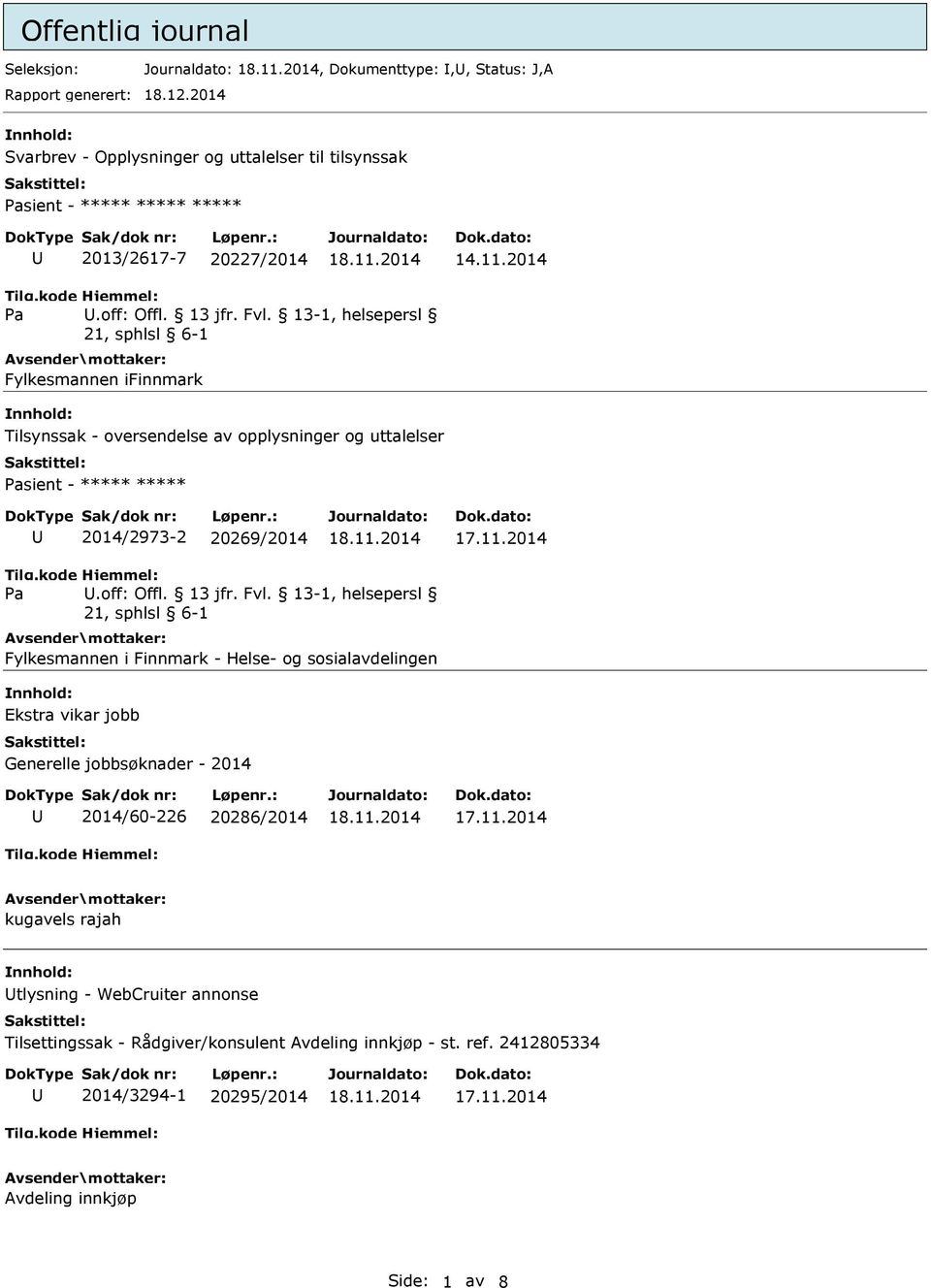 , helsepersl Fylkesmannen ifinnmark nnhold: Tilsynssak - oversendelse av opplysninger og uttalelser sient - ***** ***** 2014/2973-2 20269/2014.off: Offl. 13 jfr. Fvl.