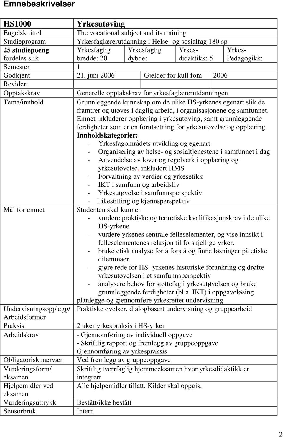 juni 2006 Gjelder for kull fom 2006 Revidert Opptakskrav Tema/innhold Mål for emnet Undervisningsopplegg/ Arbeidsformer Praksis Arbeidskrav Obligatorisk nærvær Vurderingsform/ Hjelpemidler ved
