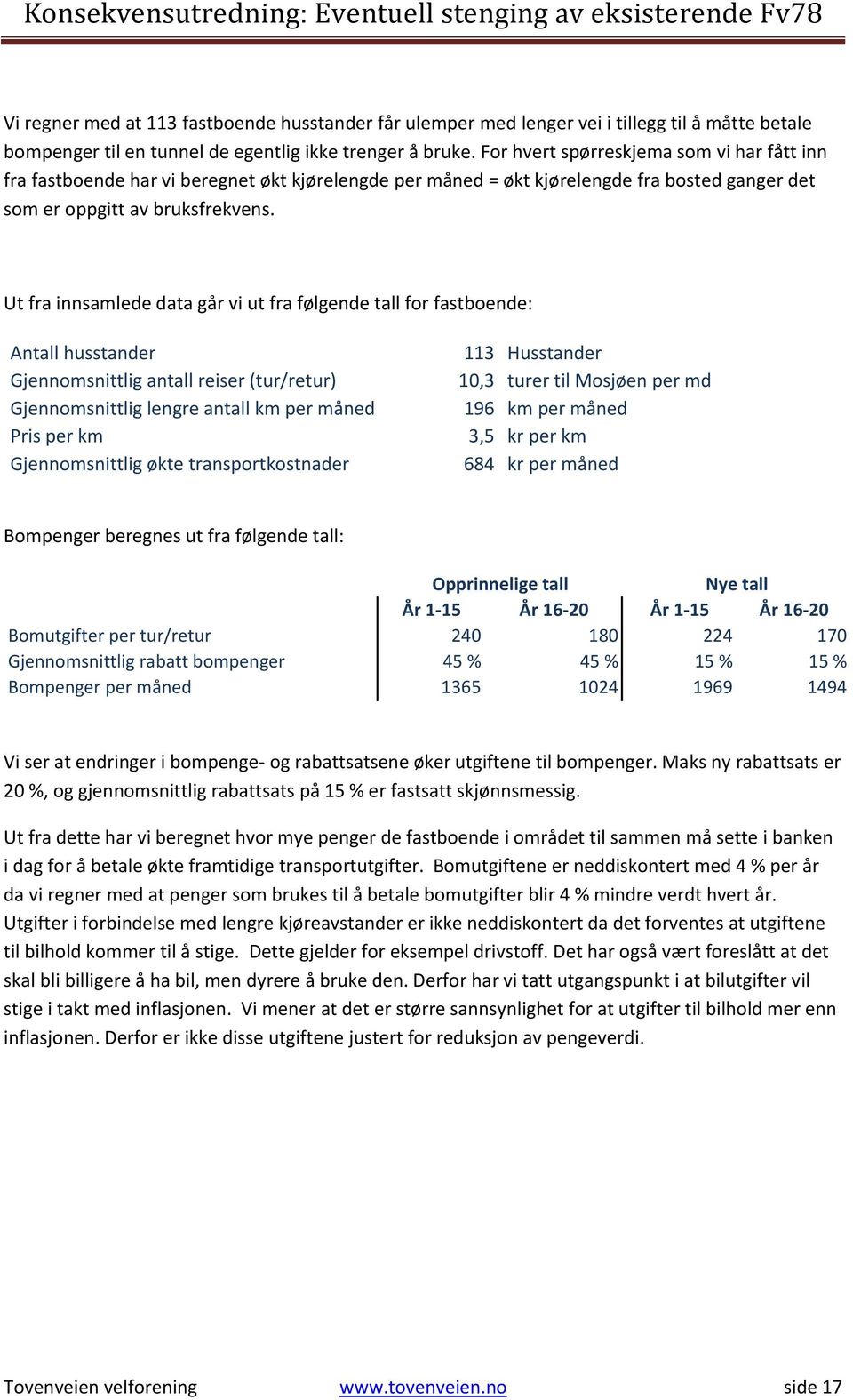 Ut fra innsamlede data går vi ut fra følgende tall for fastboende: Antall husstander Gjennomsnittlig antall reiser (tur/retur) Gjennomsnittlig lengre antall km per måned Pris per km Gjennomsnittlig