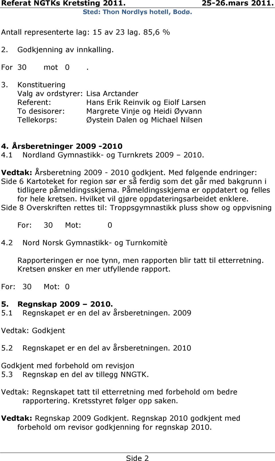 Årsberetninger 2009-2010 4.1 Nordland Gymnastikk- og Turnkrets 2009 2010. Vedtak: Årsberetning 2009-2010 godkjent.