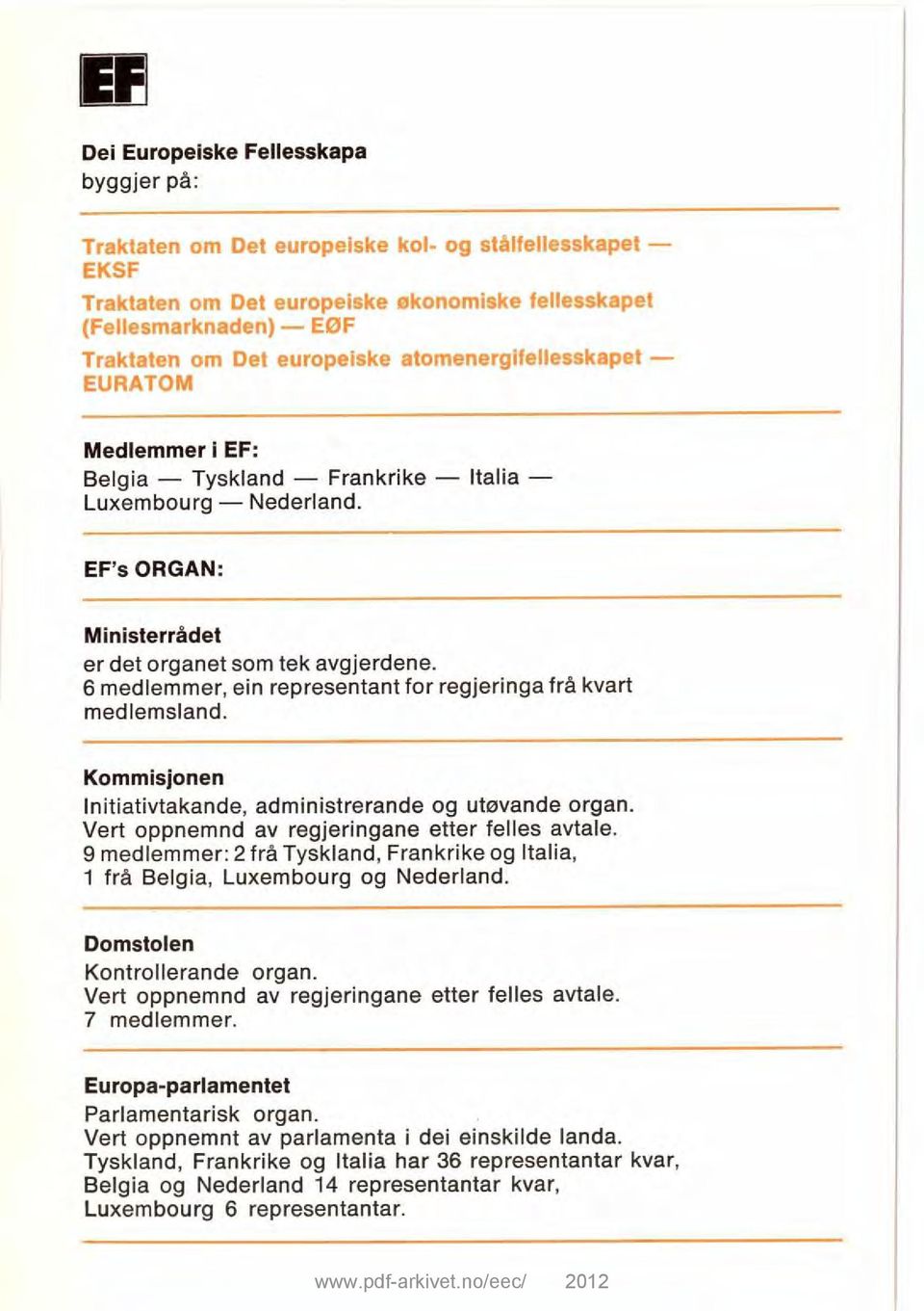 6 medlemmer, ein representant for regjeringa frå kvart medlemsland. Kommisjonen Initiativtakande, administrerande og utøvande organ. Vert oppnemnd av regjeringane etter felles avtale.