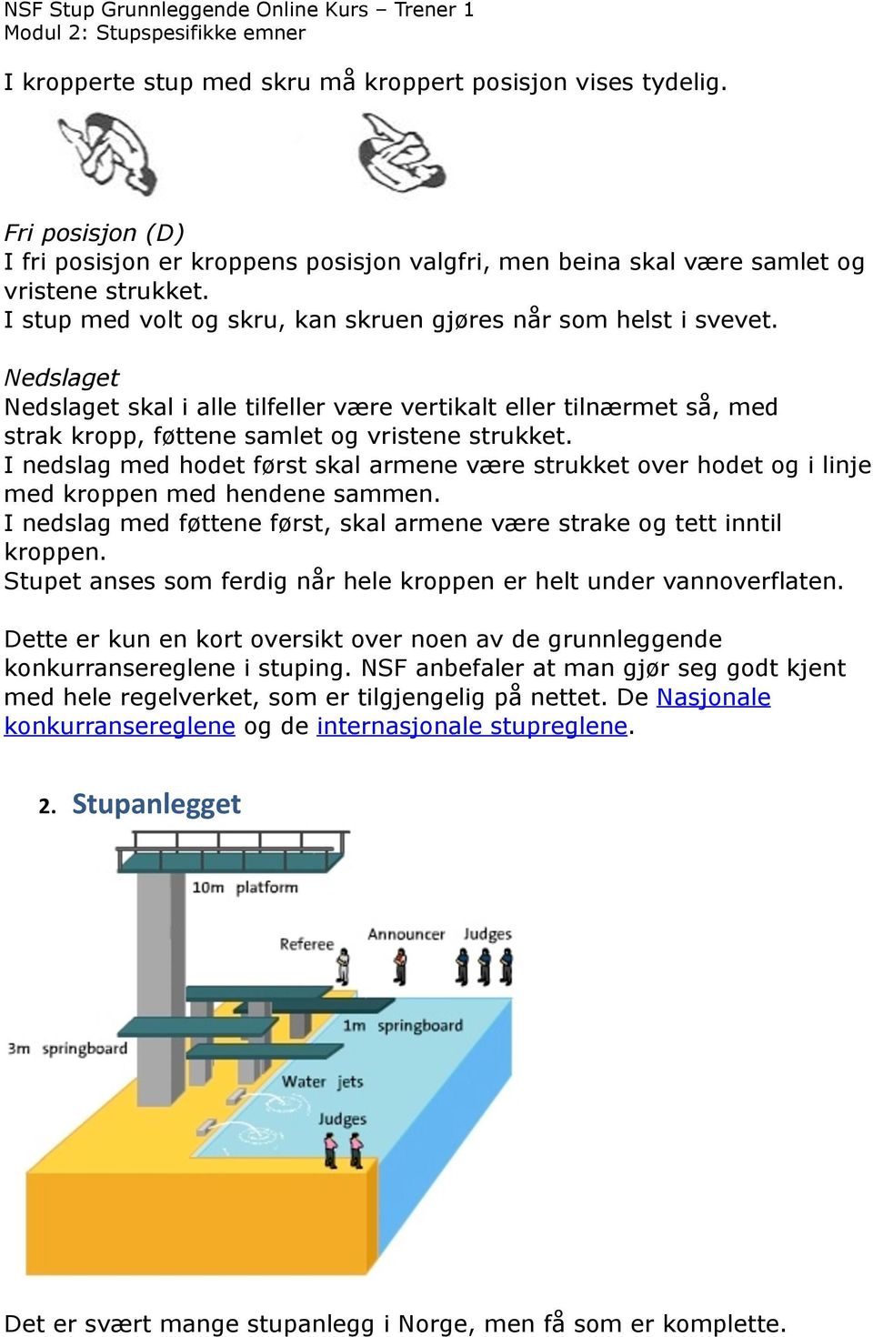 I nedslag med hodet først skal armene være strukket over hodet og i linje med kroppen med hendene sammen. I nedslag med føttene først, skal armene være strake og tett inntil kroppen.