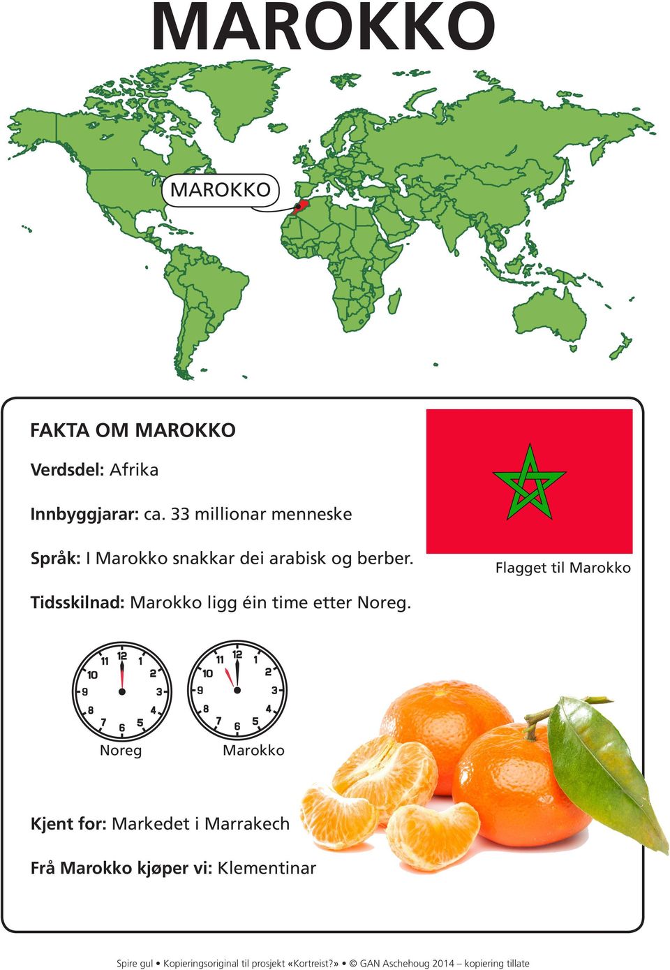 Flagget til Marokko Tidsskilnad: Marokko ligg éin time etter Noreg.
