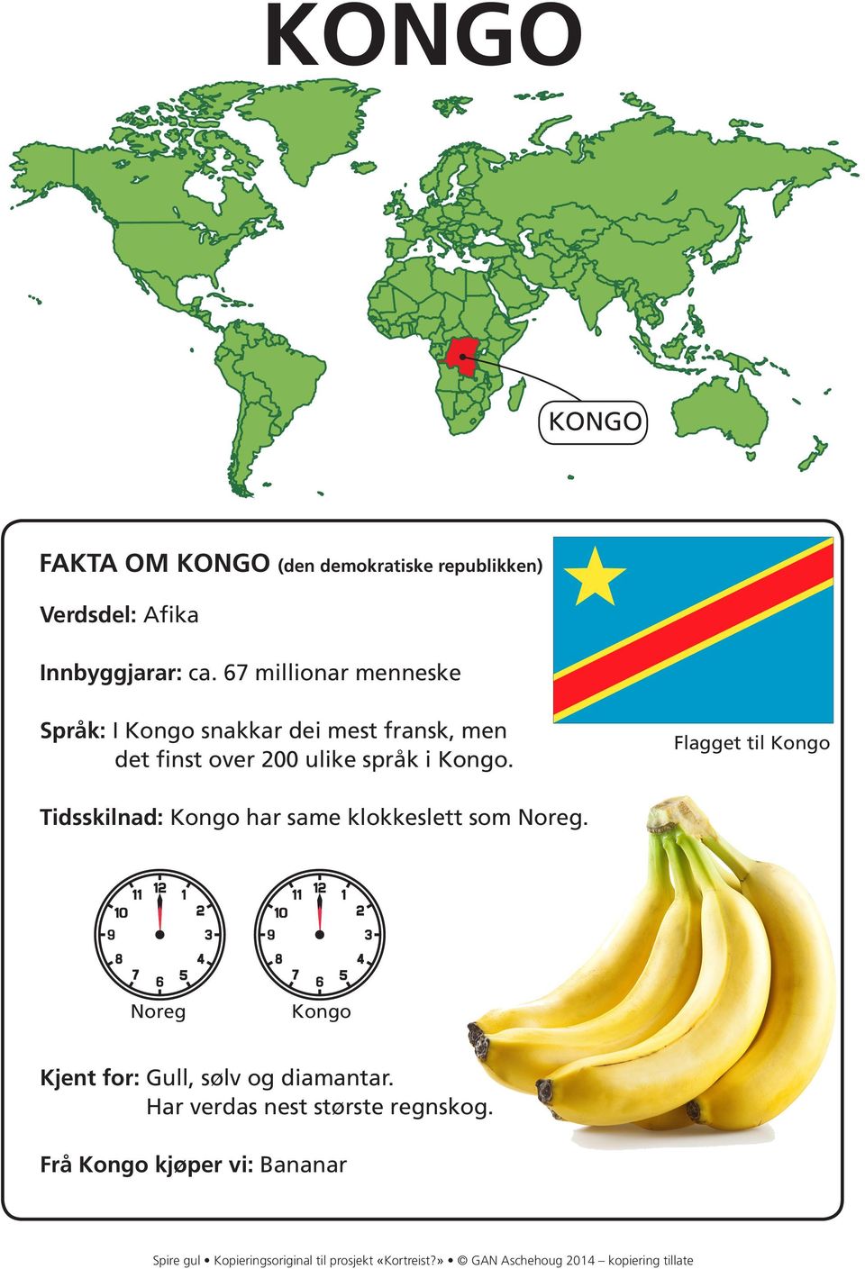 Flagget til Kongo Tidsskilnad: Kongo har same klokkeslett som Noreg. Noreg Kongo Kjent for: Gull, sølv og diamantar.