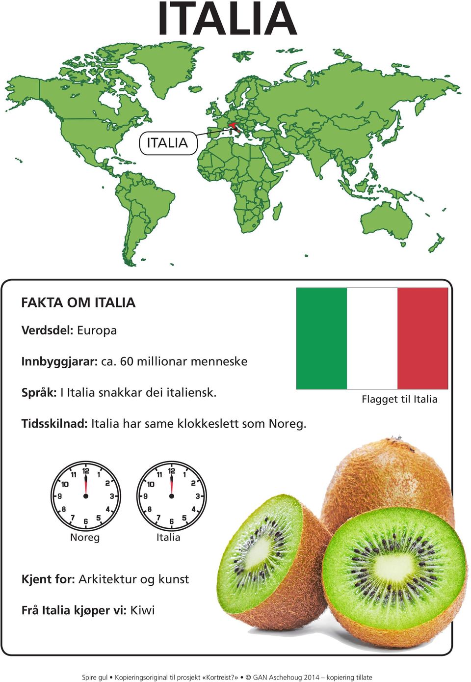 Flagget til Italia Tidsskilnad: Italia har same klokkeslett som Noreg.