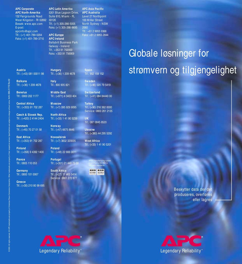 : (+1) 305-266-5005 Faks: (+1) 305-266-9695 APC Europe APC Ireland Ballybrit Business Park Galway - Ireland Tlf.: +353 91 702000 Faks: +353 91 756909 Hungary Tif.