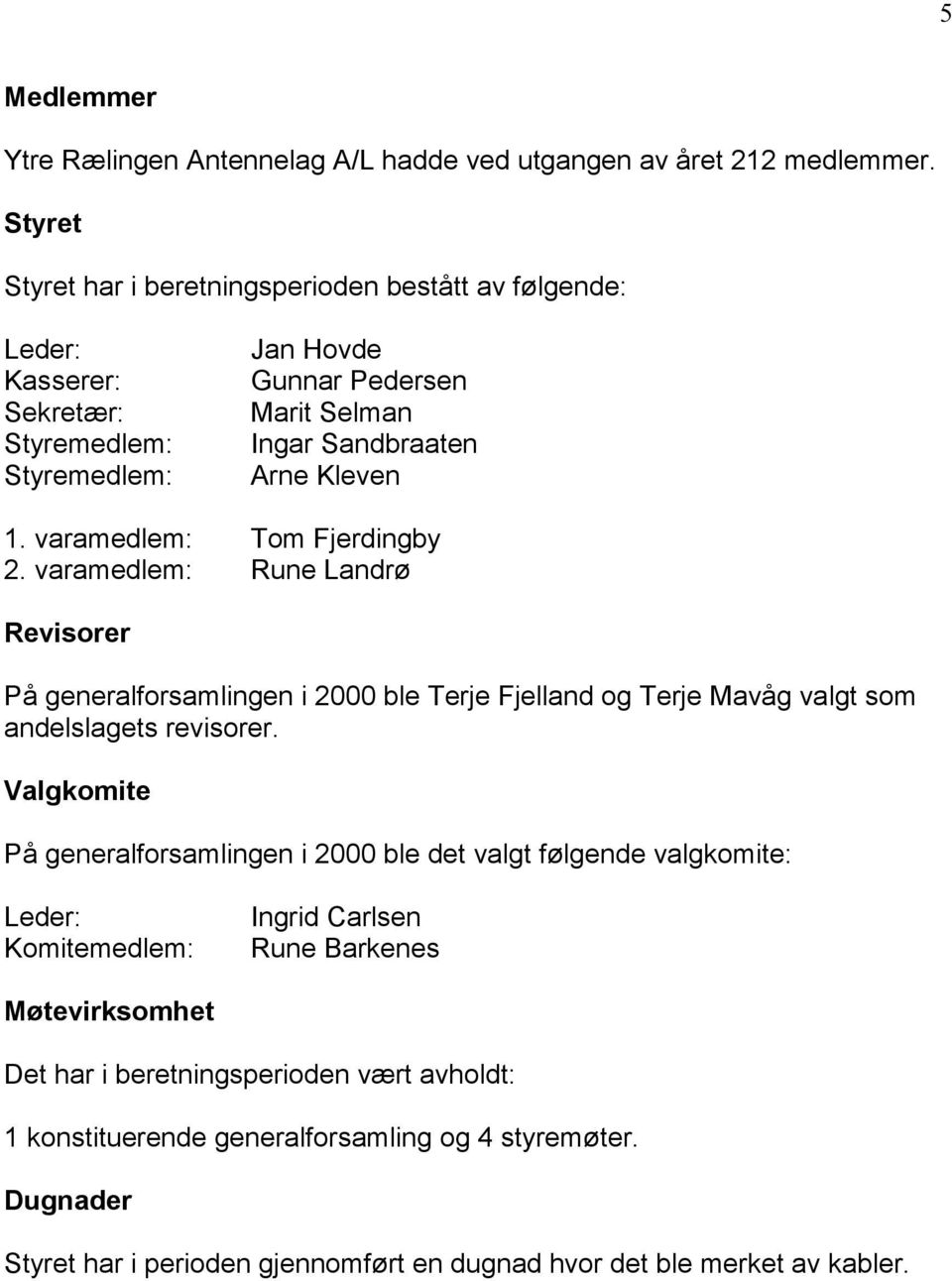 varamedlem: Tom Fjerdingby 2. varamedlem: Rune Landrø Revisorer På generalforsamlingen i 2000 ble Terje Fjelland og Terje Mavåg valgt som andelslagets revisorer.