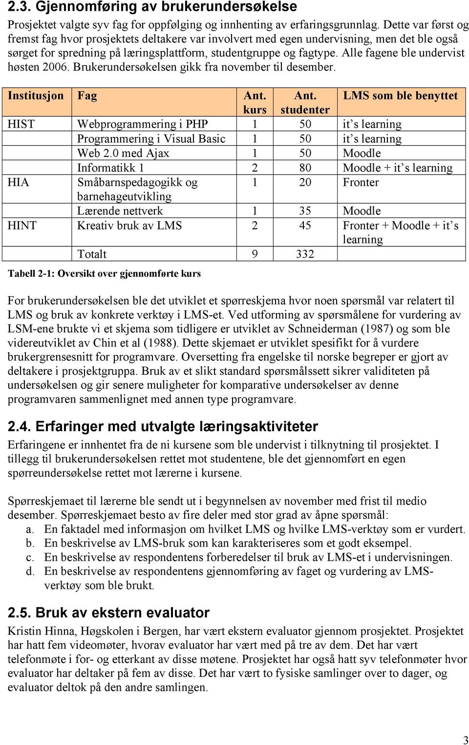 Alle fagene ble undervist høsten 2006. Brukerundersøkelsen gikk fra november til desember. Institusjon Fag Ant.