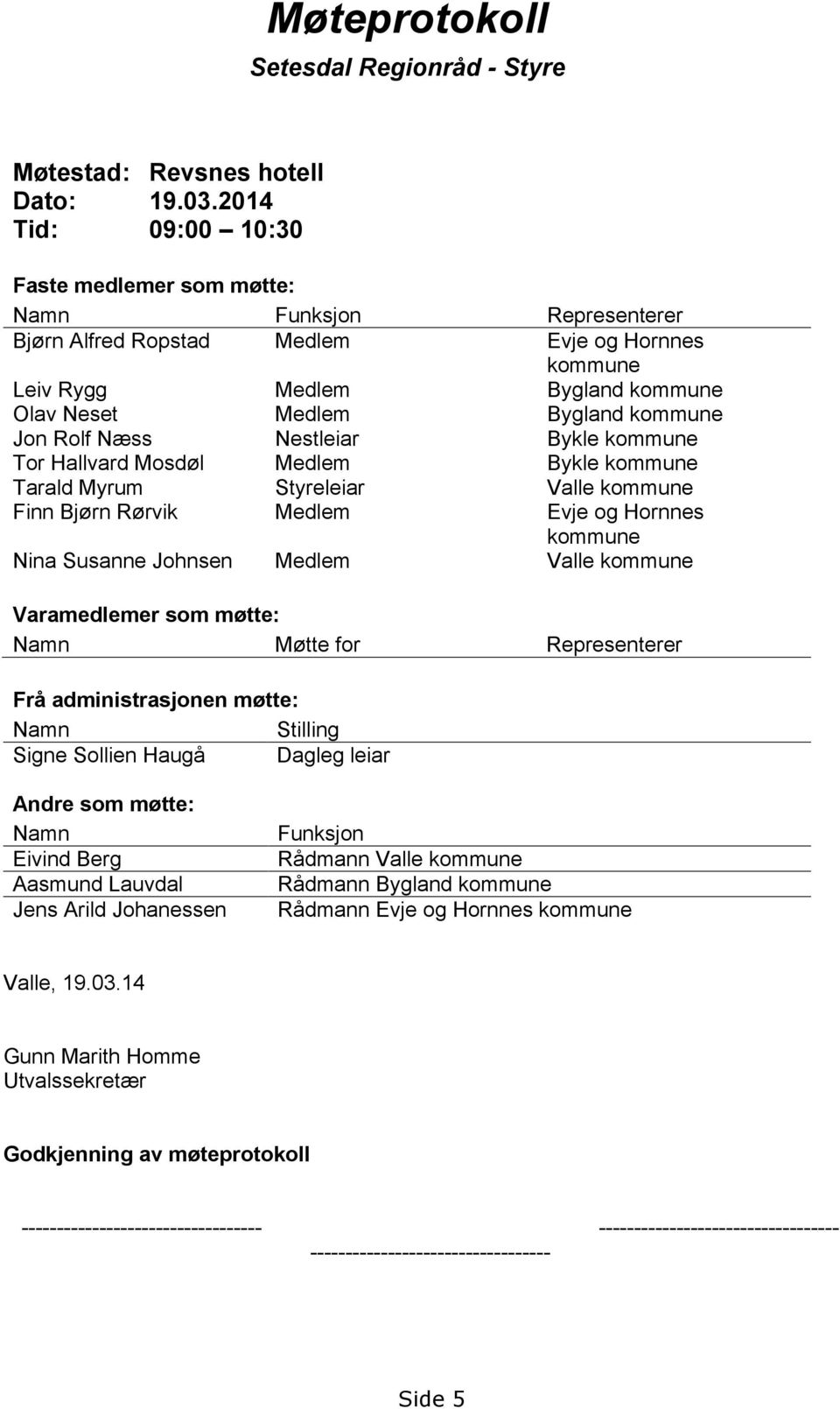 Rolf Næss Nestleiar Bykle kommune Tor Hallvard Mosdøl Medlem Bykle kommune Tarald Myrum Styreleiar Valle kommune Finn Bjørn Rørvik Medlem Evje og Hornnes kommune Nina Susanne Johnsen Medlem Valle