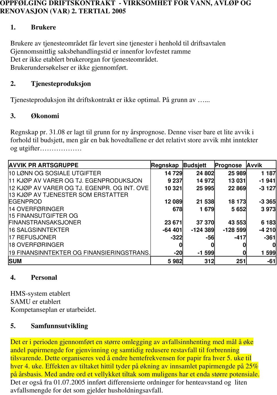 tjenesteområdet. Brukerundersøkelser er ikke gjennomført. 2. Tjenesteproduksjon Tjenesteproduksjon iht driftskontrakt er ikke optimal. På grunn av... 3. Økonomi Regnskap pr. 31.