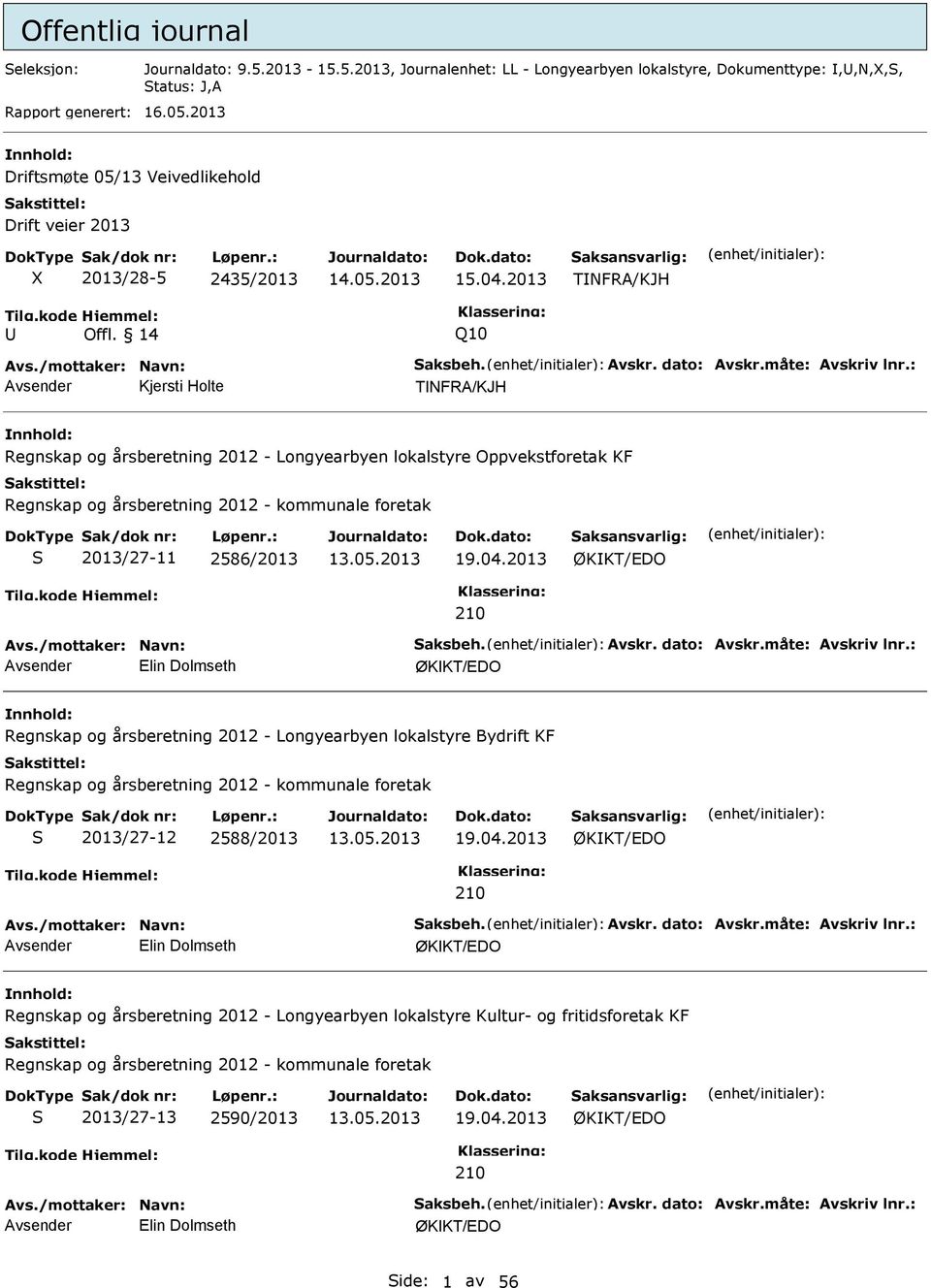 : vsender Kjersti Holte TNFR/KJH Regnskap og årsberetning 2012 - Longyearbyen lokalstyre Oppvekstforetak KF Regnskap og årsberetning 2012 - kommunale foretak S 2013/27-11 2586/2013 19.04.