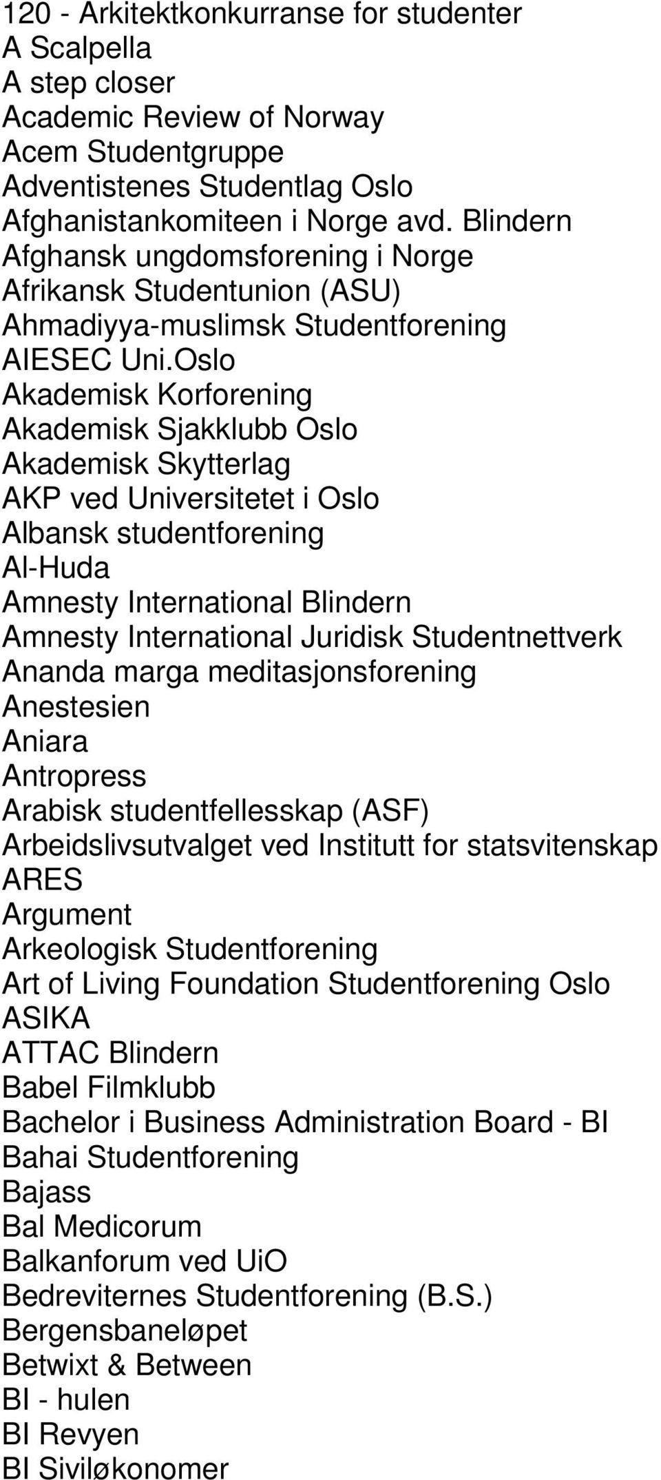 Oslo Akademisk Korforening Akademisk Sjakklubb Oslo Akademisk Skytterlag AKP ved Universitetet i Oslo Albansk studentforening Al-Huda Amnesty International Blindern Amnesty International Juridisk