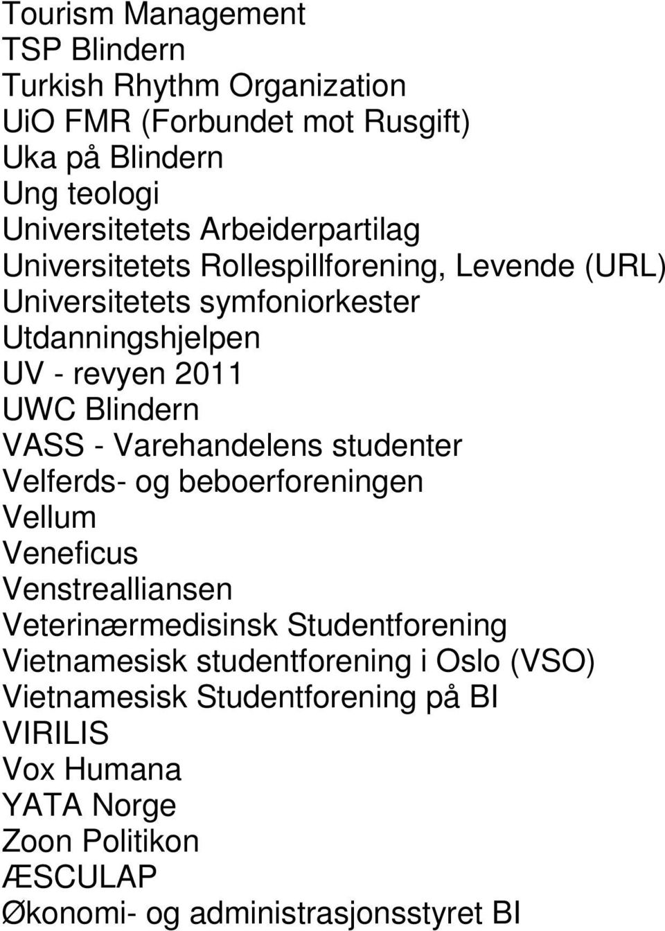 Blindern VASS - Varehandelens studenter Velferds- og beboerforeningen Vellum Veneficus Venstrealliansen Veterinærmedisinsk Studentforening