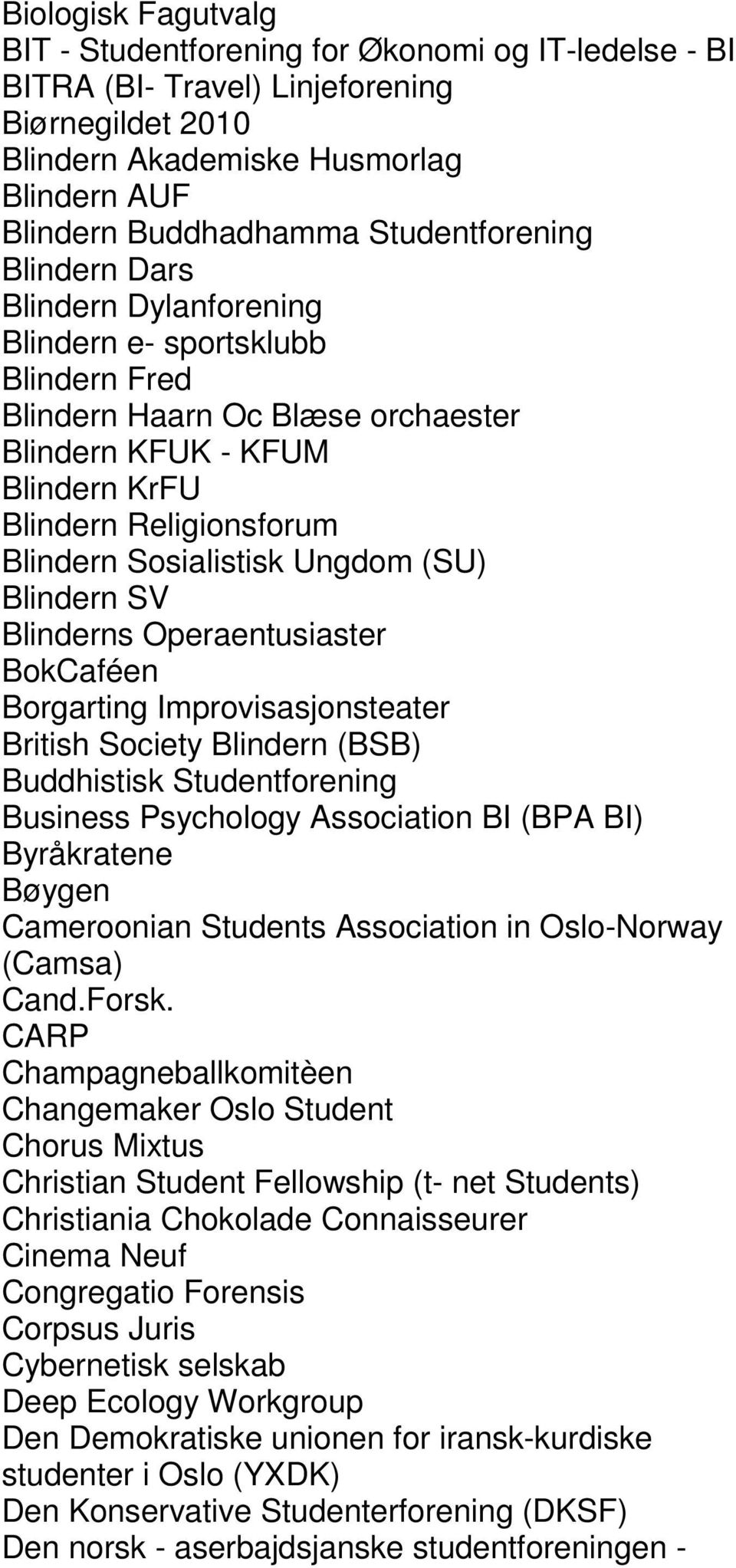 Sosialistisk Ungdom (SU) Blindern SV Blinderns Operaentusiaster BokCaféen Borgarting Improvisasjonsteater British Society Blindern (BSB) Buddhistisk Studentforening Business Psychology Association BI