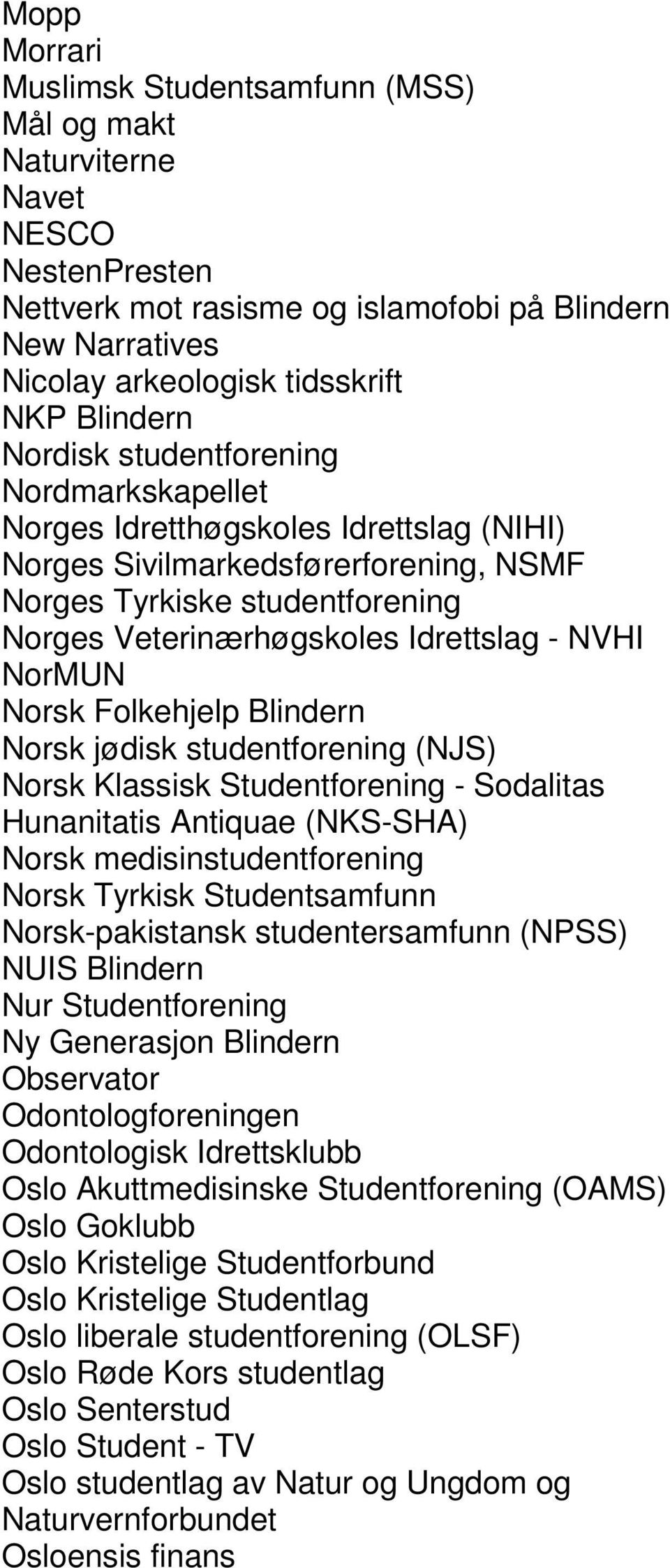 NorMUN Norsk Folkehjelp Blindern Norsk jødisk studentforening (NJS) Norsk Klassisk Studentforening - Sodalitas Hunanitatis Antiquae (NKS-SHA) Norsk medisinstudentforening Norsk Tyrkisk Studentsamfunn