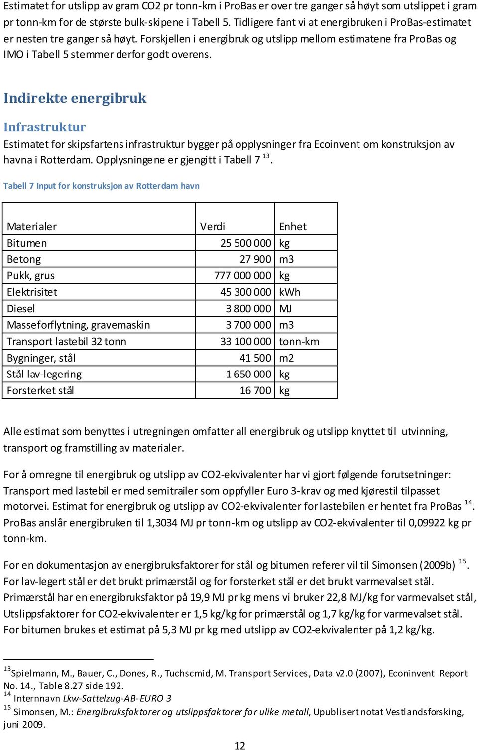 Indirekte energibruk Infrastruktur Estimatet for skipsfartens infrastruktur bygger på opplysninger fra Ecoinvent om konstruksjon av havna i Rotterdam. Opplysningene er gjengitt i Tabell 7 13.