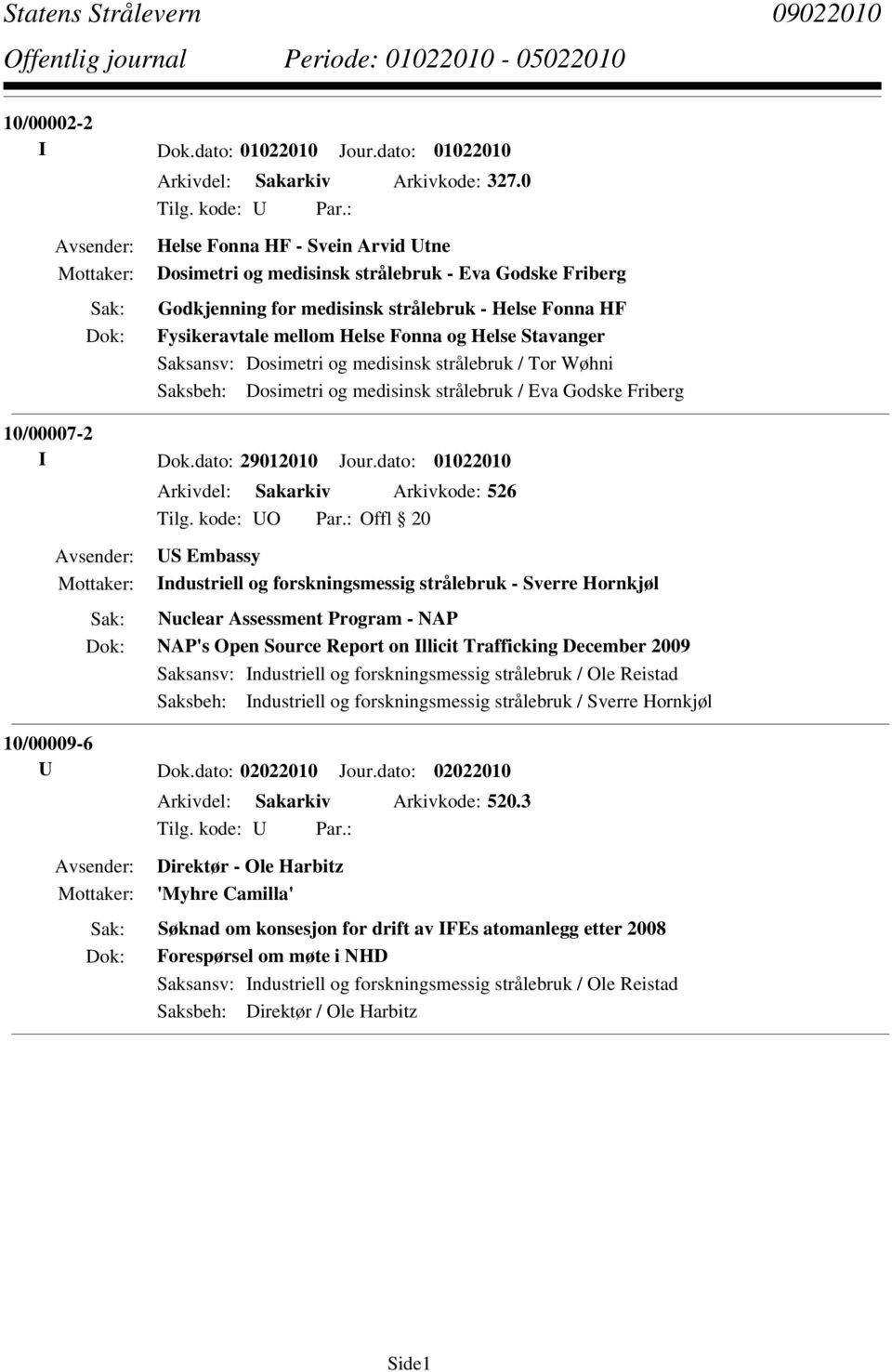 Saksbeh: Dosimetri og medisinsk strålebruk / Eva Godske Friberg 10/00007-2 I Dok.dato: 29012010 Jour.dato: 01022010 Arkivdel: Sakarkiv Arkivkode: 526 Tilg. kode: UO Par.