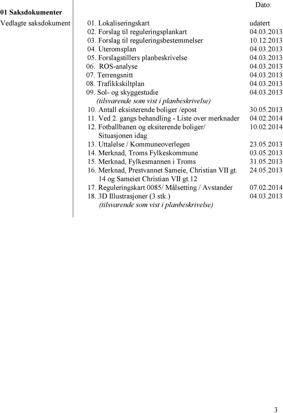 Ved 2. gangs behandling - Liste over merknader 12. Fotballbanen og eksiterende boliger/ Situasjonen idag 13. Uttalelse / Kommuneoverlegen 14. Merknad, Troms Fylkeskommune 15.